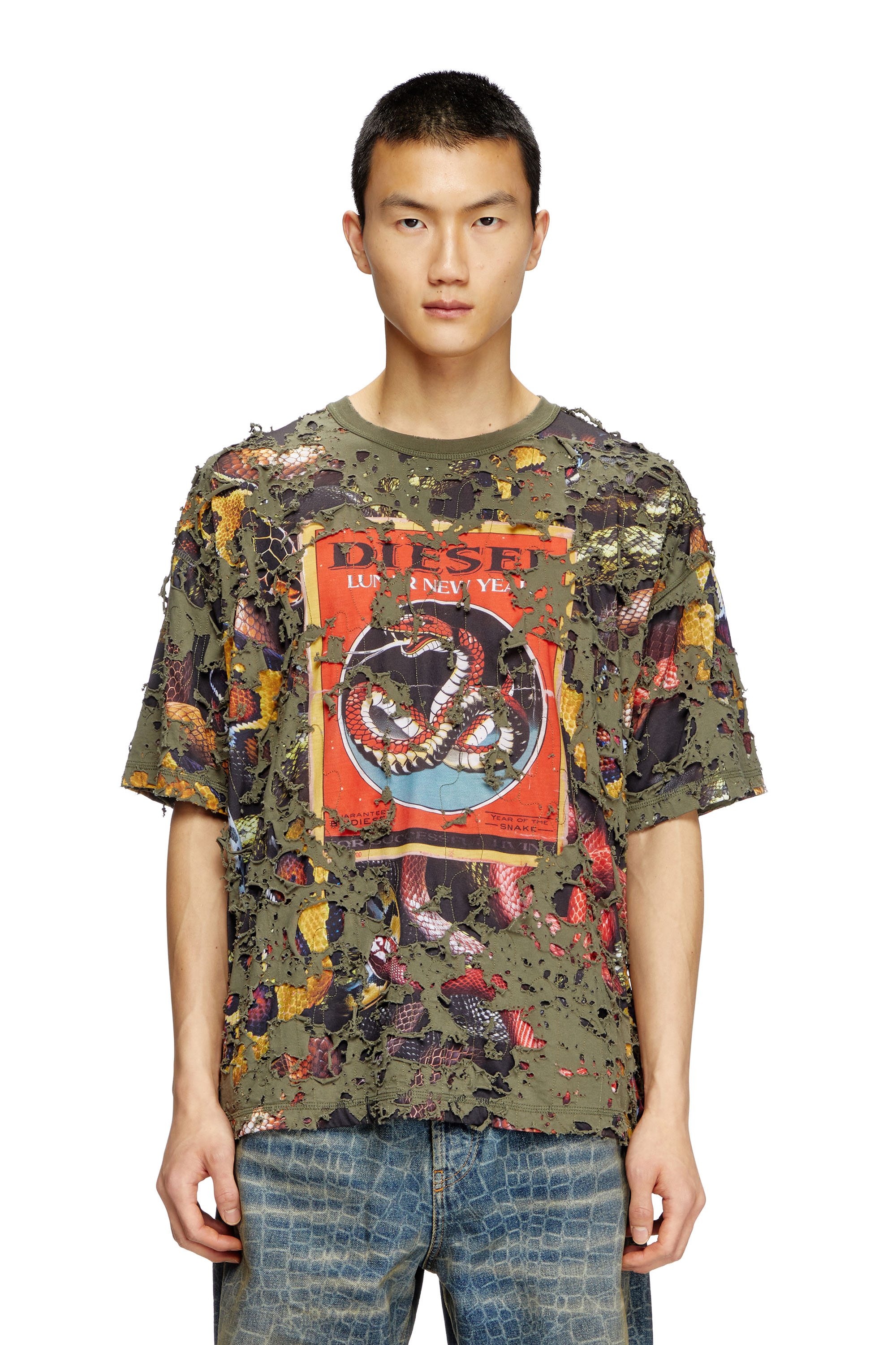 Diesel - Snake-print T-shirt with destroyed overlay - T-Shirts - Unisex - Green