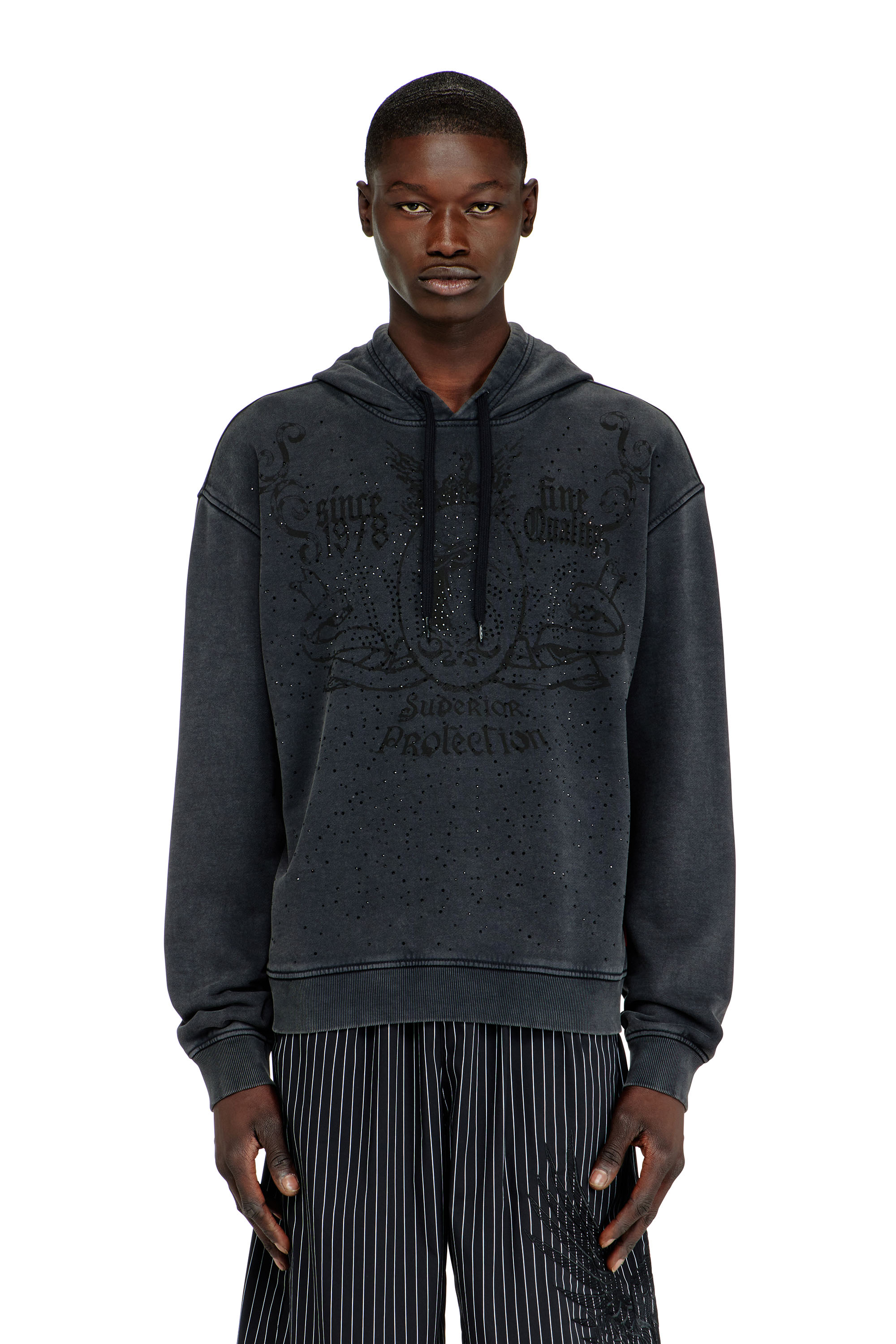 Diesel Mannelijk Grijs - Printed Hoodie With Rhinestone Studs - Sweaters - Man Groot