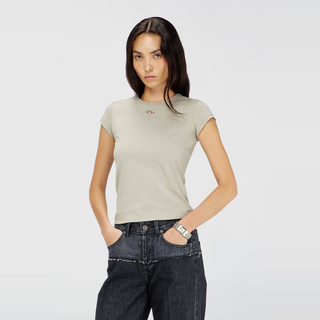 Diesel - T-shirt with cut-out embroidered logo - T-Shirts - Woman - Grey