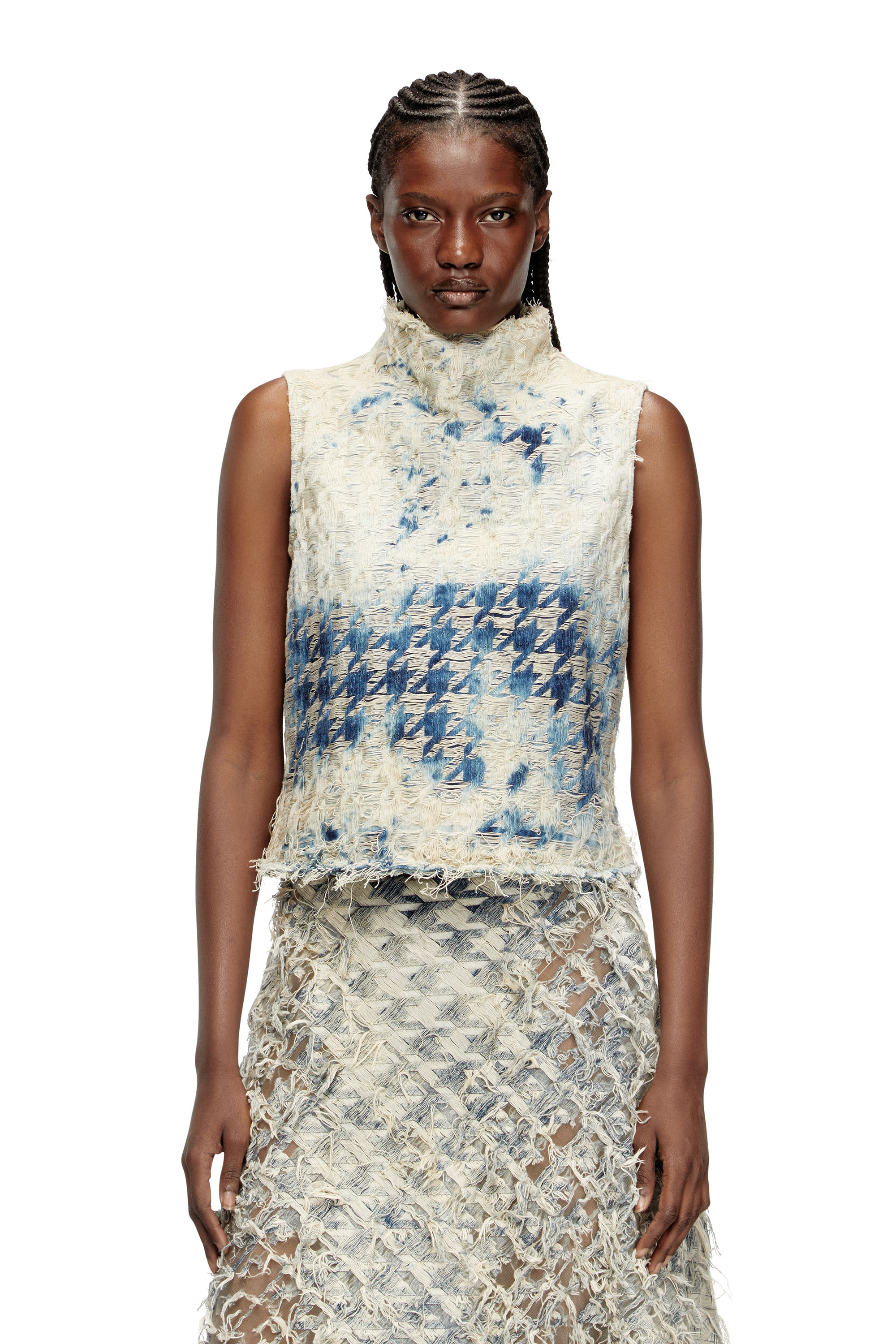 Sleeveless top in houndstooth-weave denim - Tops