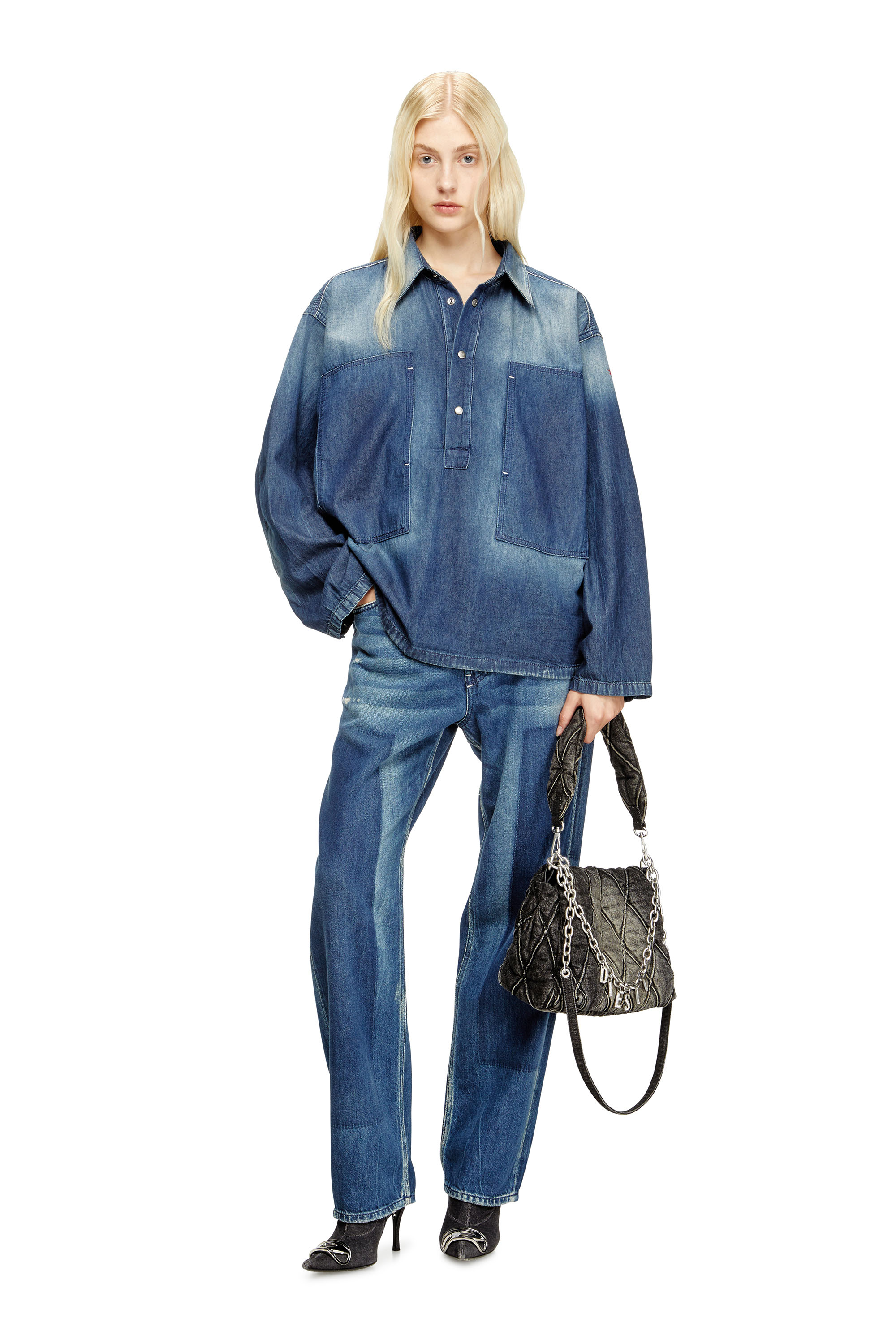 Diesel - DE-PRISS, Woman's Henley top in contrast-effect denim in Medium blue - 2