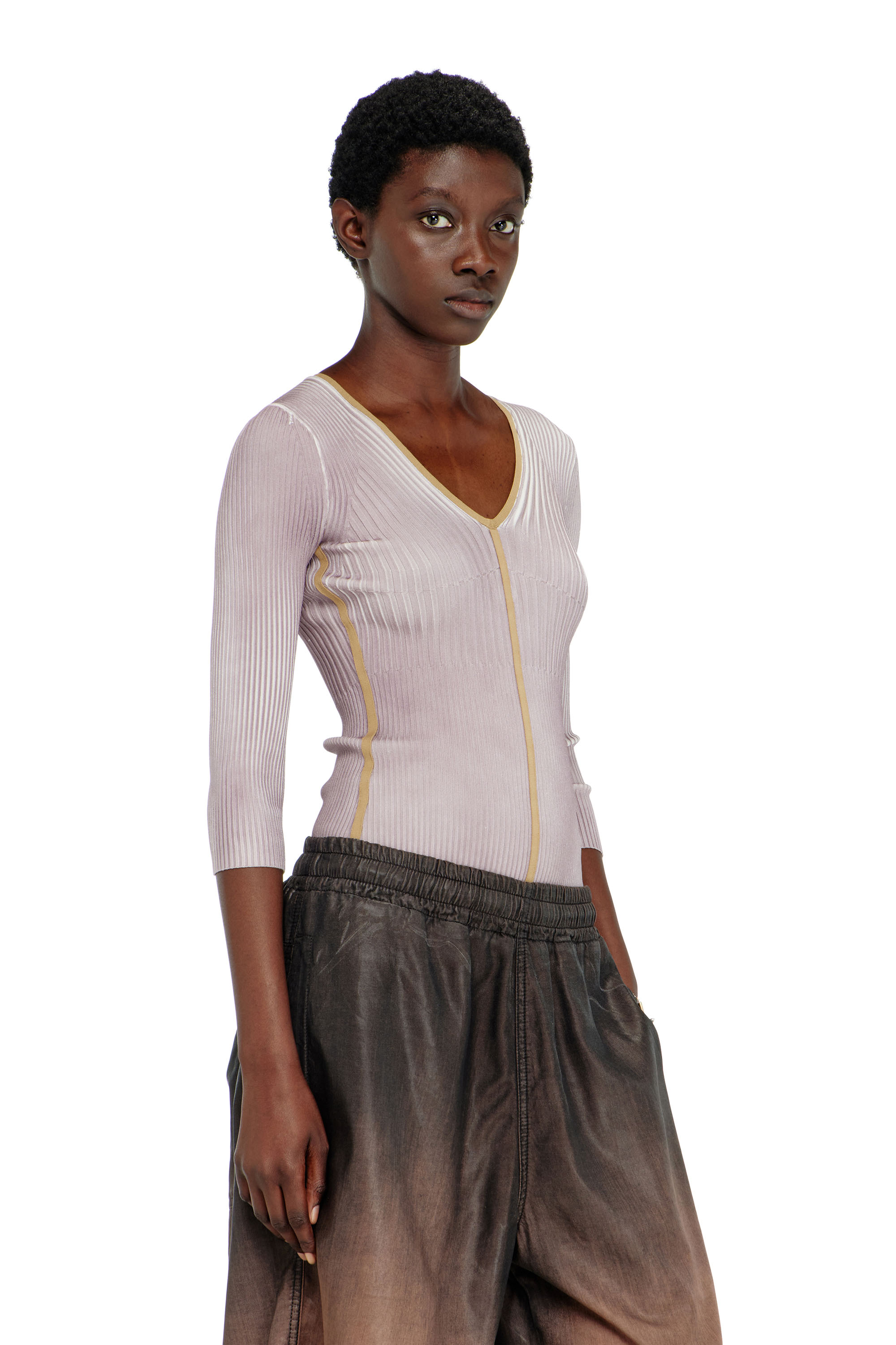 Diesel - Ribbed V-neck jumper with contrast bands - T-Shirts - Woman - Violet