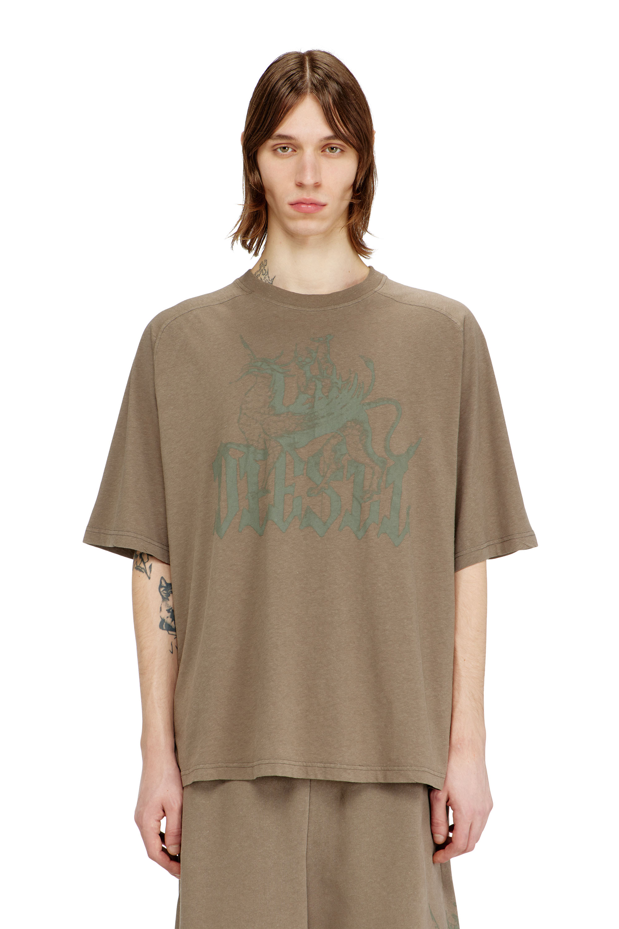 Diesel Mužský Béžový - Printed T-Shirt In Cotton And Hemp - T-Shirts - Man Extra Malý