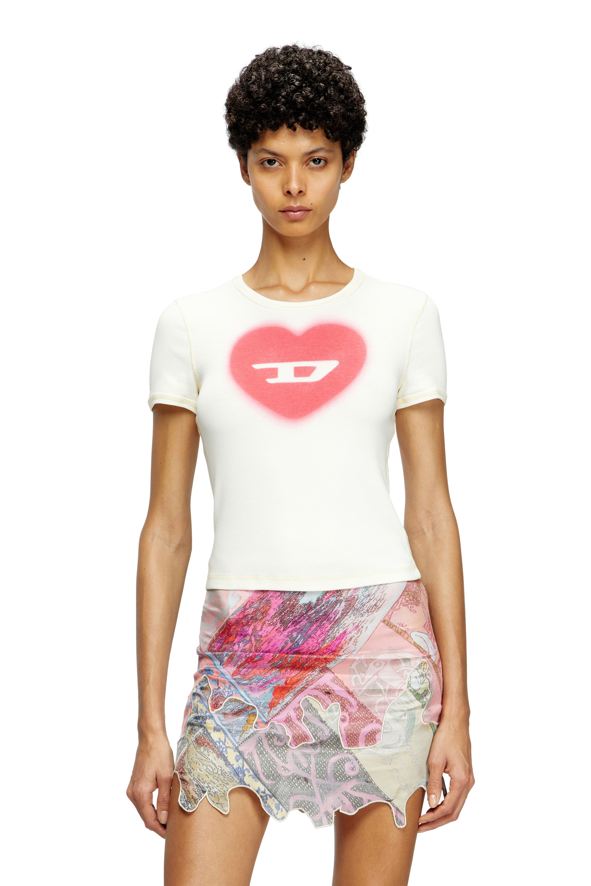 Diesel Women's White - Ribbed T-Shirt With Watercolour Heart D - T-Shirts - Woman Xxs