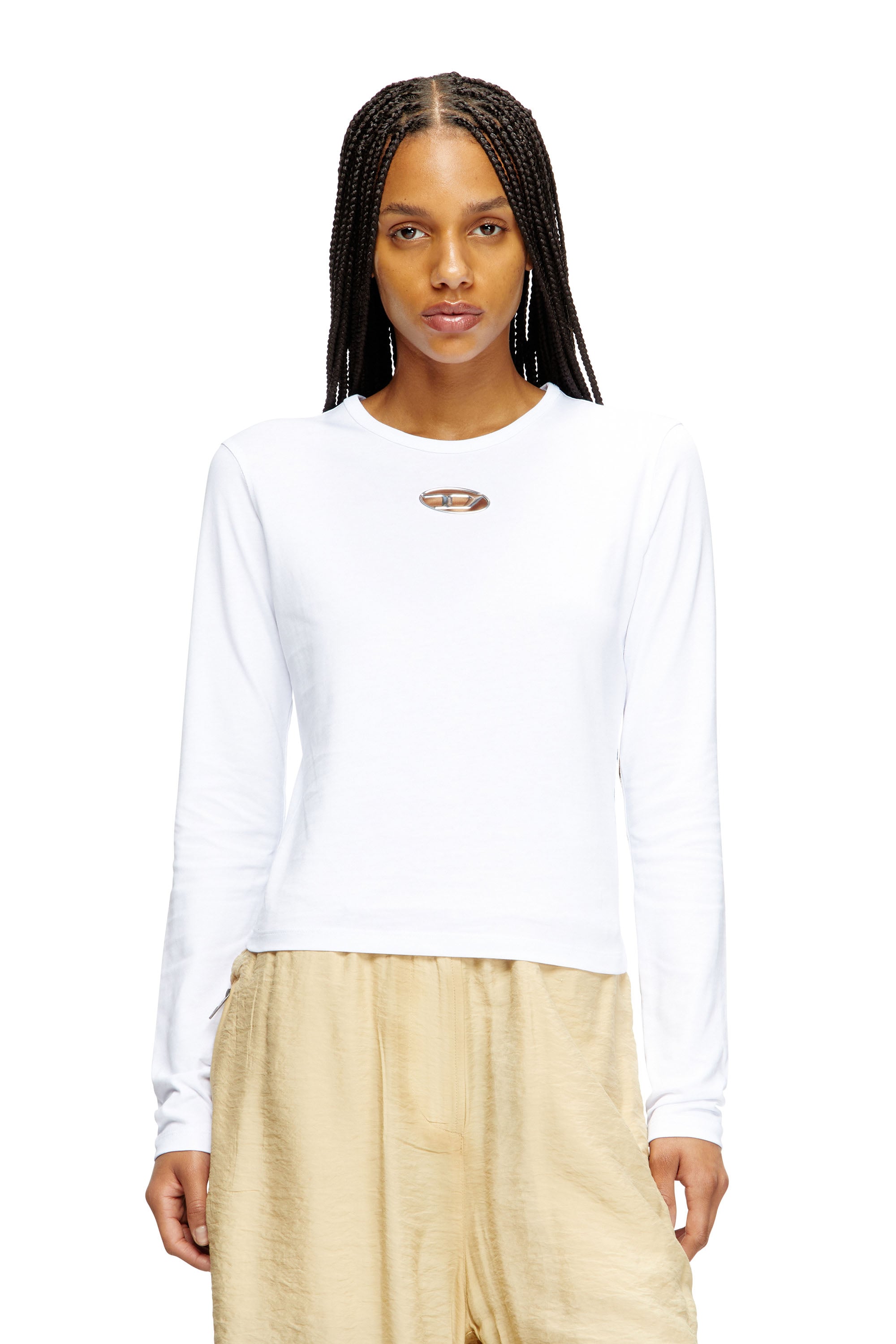 Diesel Women's White - Long-Sleeve Top With Oval D Cut-Out - T-Shirts - Woman Medium