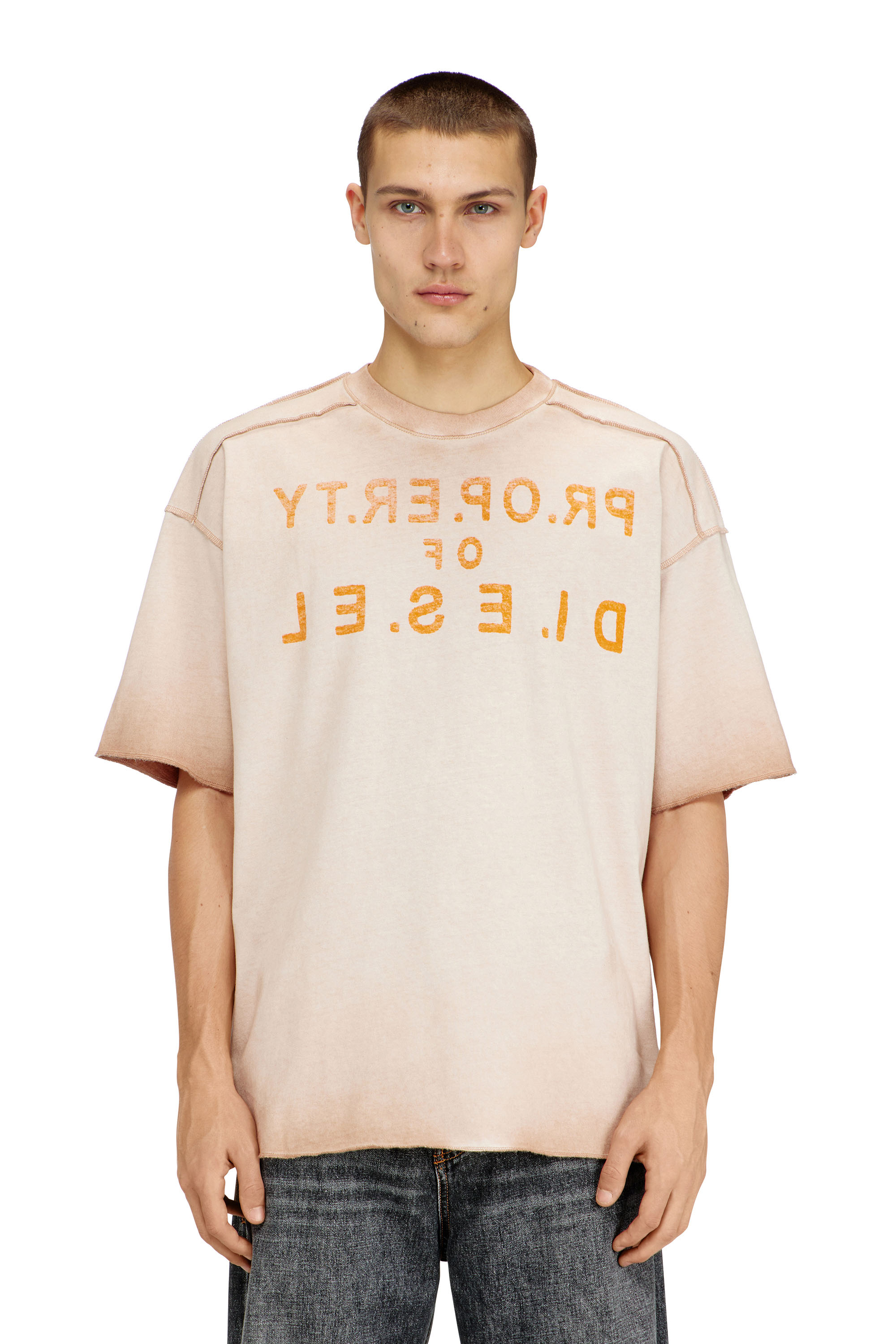 Diesel Men's Beige - Relaxed Cotton T-Shirt With Front And Back Print - T-Shirts - Man Medium