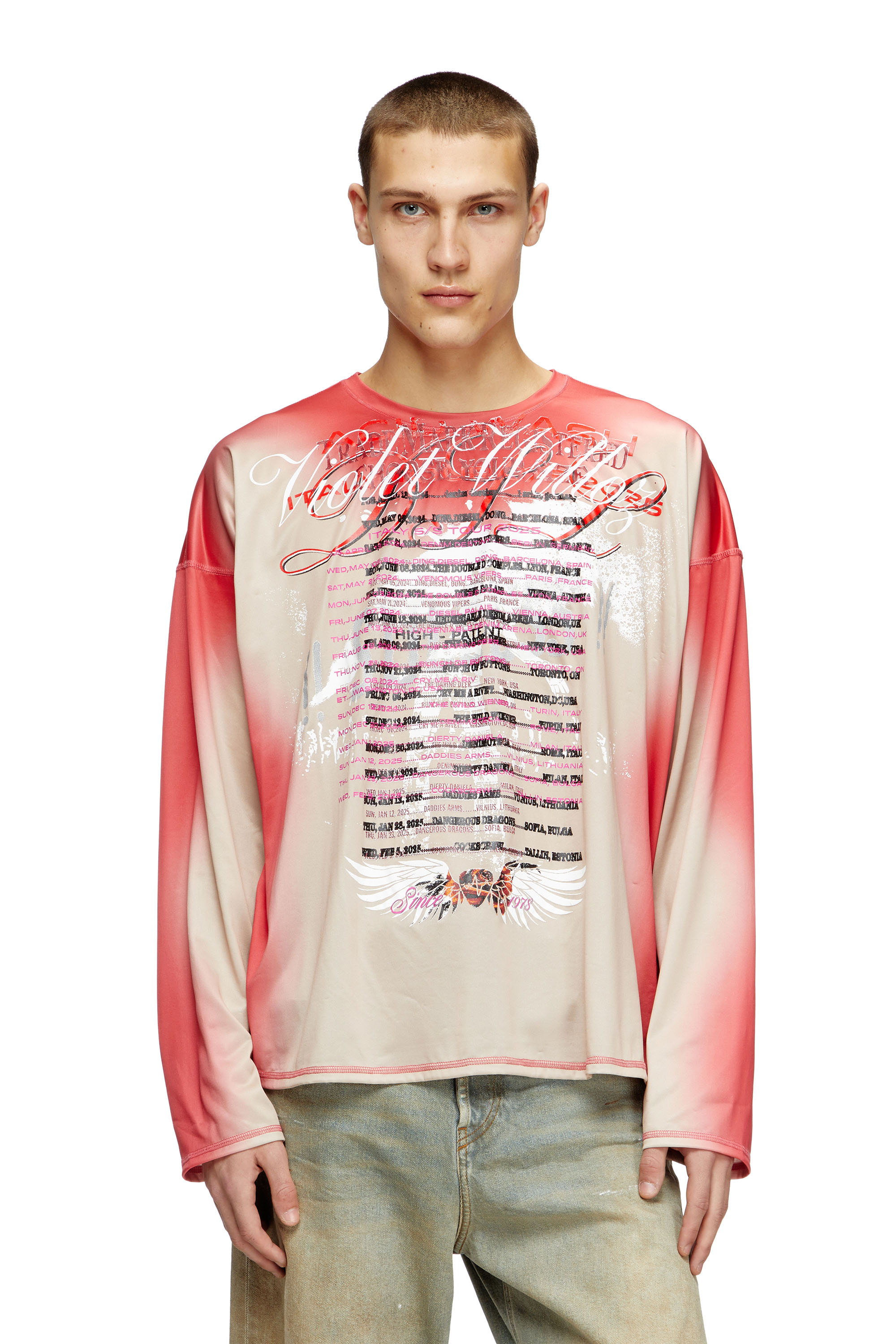 Diesel - T-OLAVI-BB, Unisex's Long-sleeve tech-jersey T-shirt with lyrics print in Pink - 1