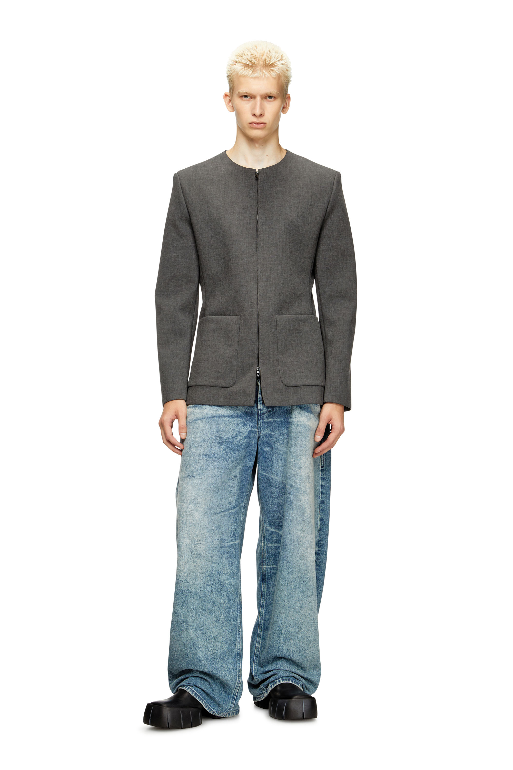 Diesel - J-CESAR-NEO, Man's Collarless jacket in neoprene-bonded fabric in Grey - 2