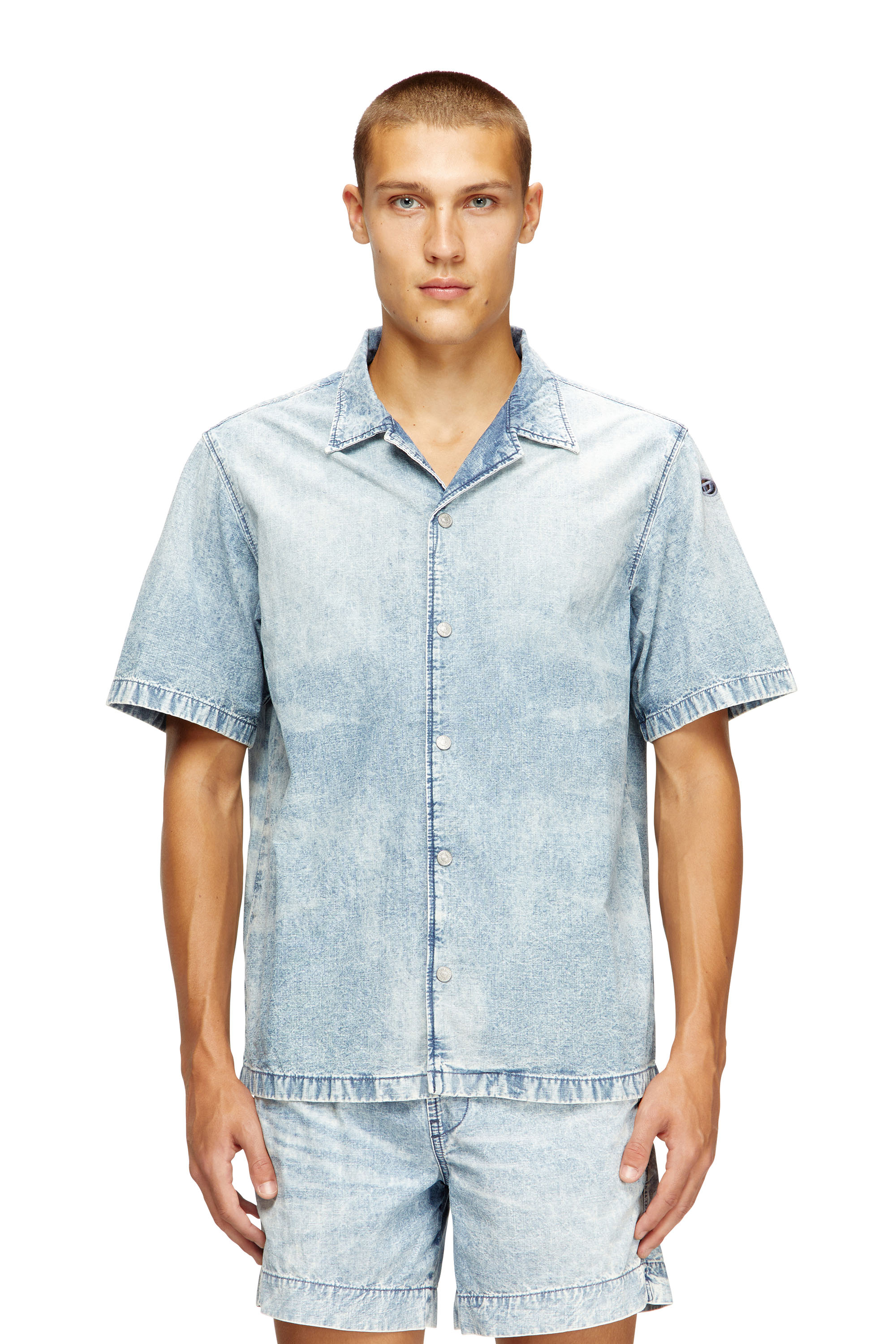 Diesel - D-NABIL-S4, Man's Bowling shirt in marbled denim in Light Blue - 1