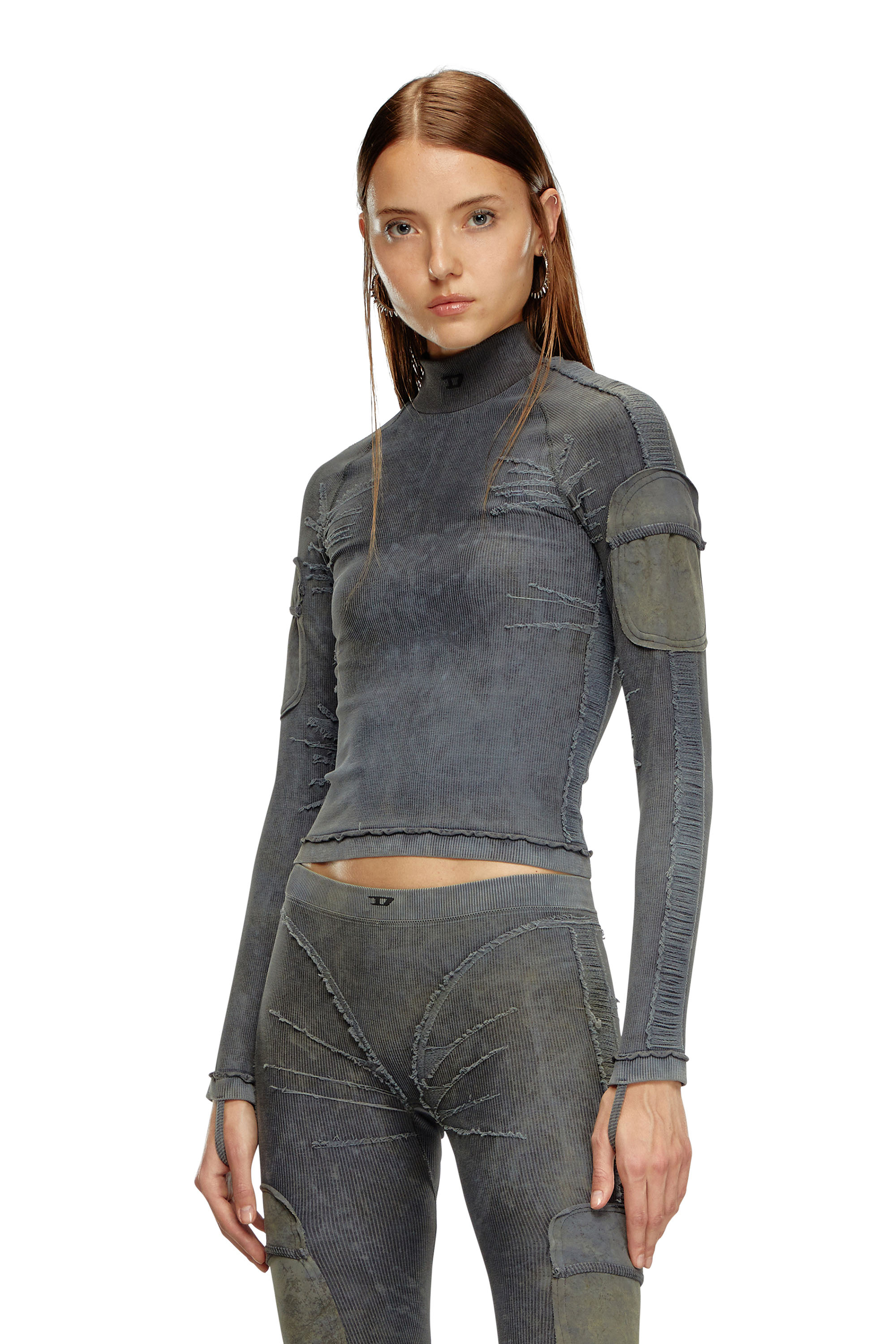 Diesel Mock-neck Top With Distressed Effects In Grey