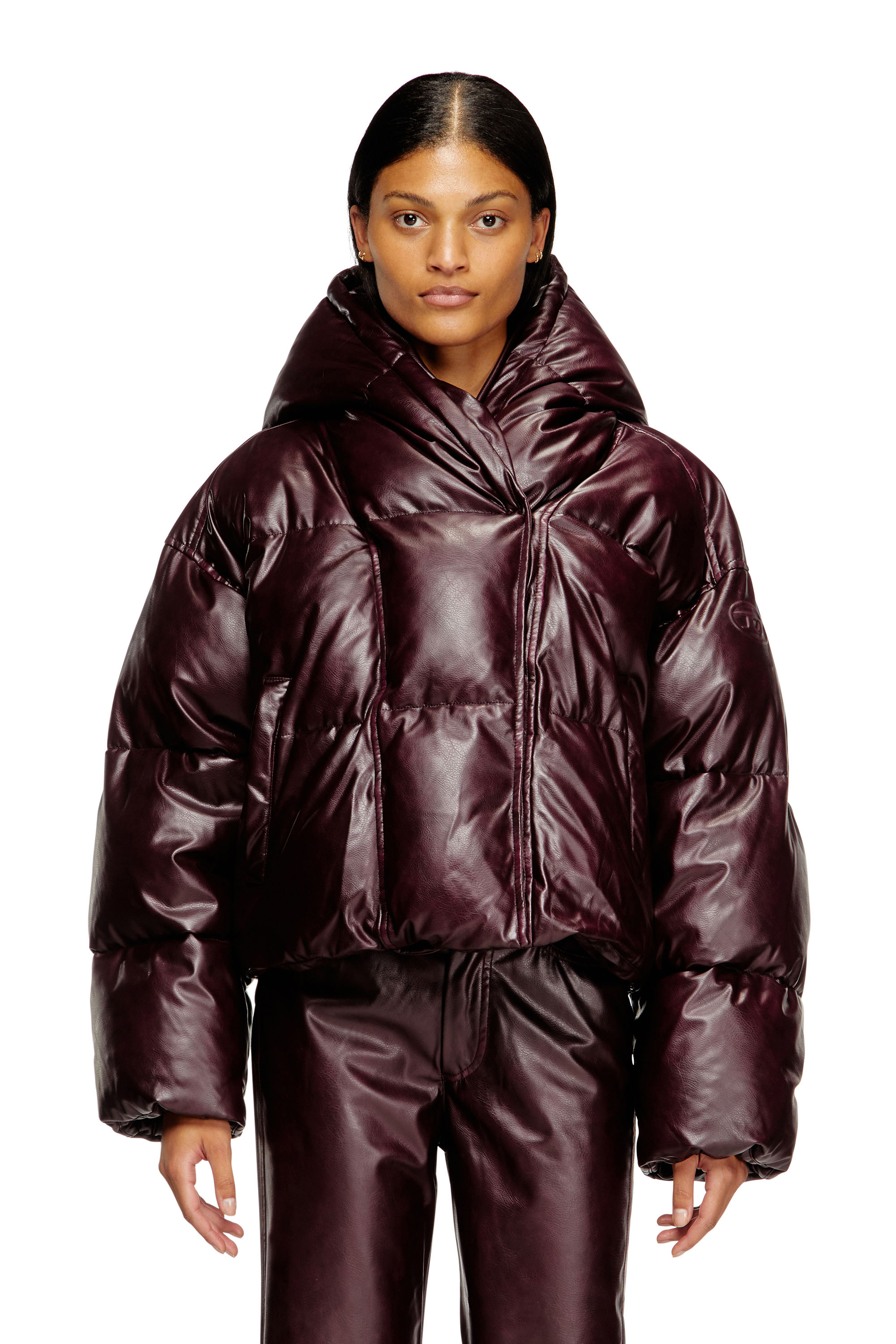 Diesel Burgundy Hooded Puffer Jacket In Coated Fabric