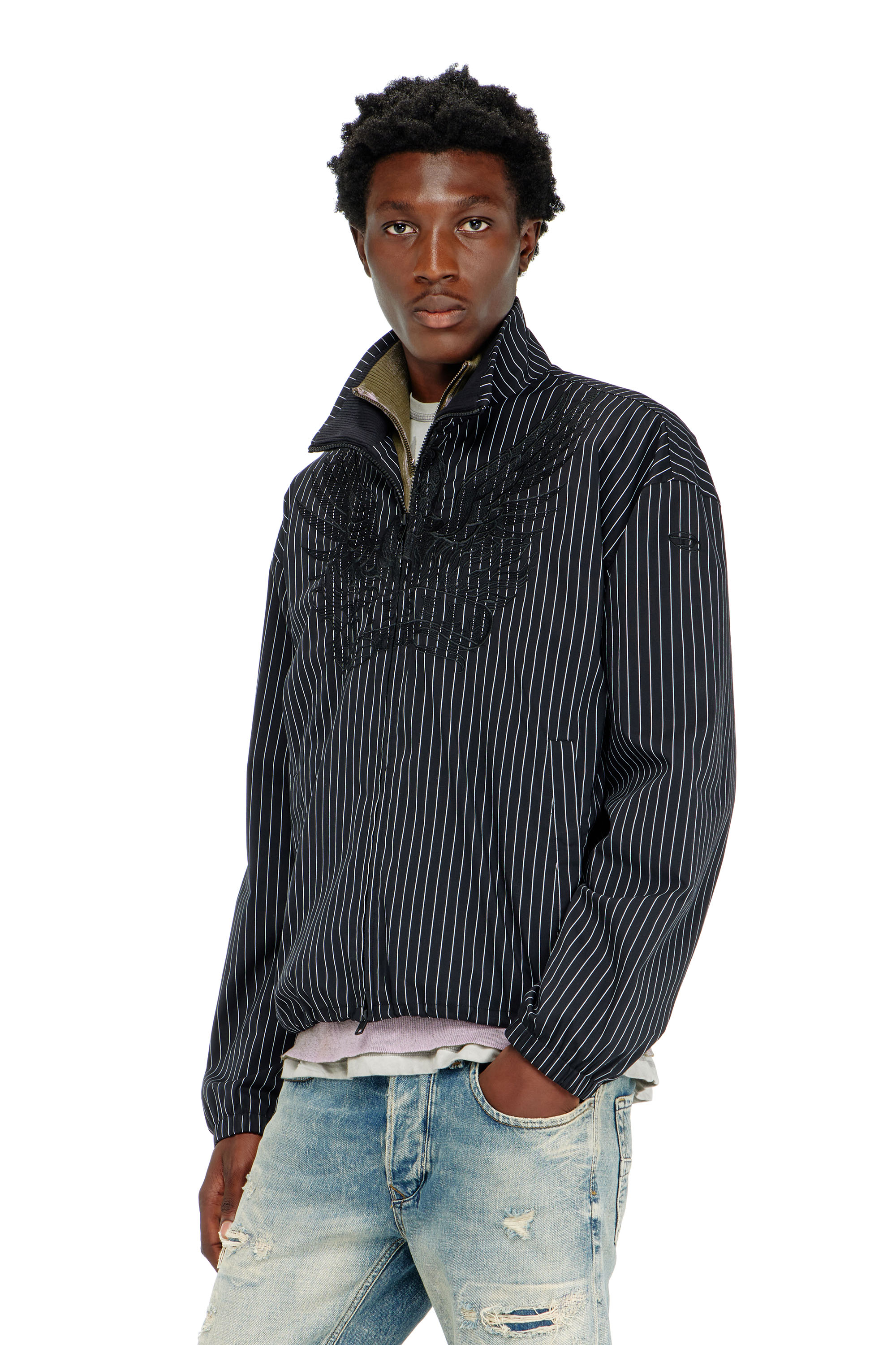 Diesel Men's Black - Nylon Pinstripe Jacket With Phoenix Embroidery - Jackets - Man Size 48