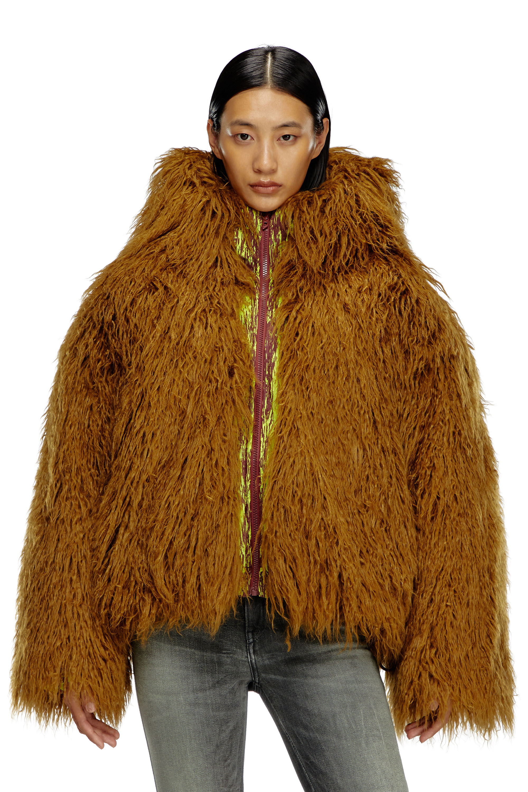 Shop Diesel Giacca Reversibile In Dévoré E Shaggy Fur In Brown