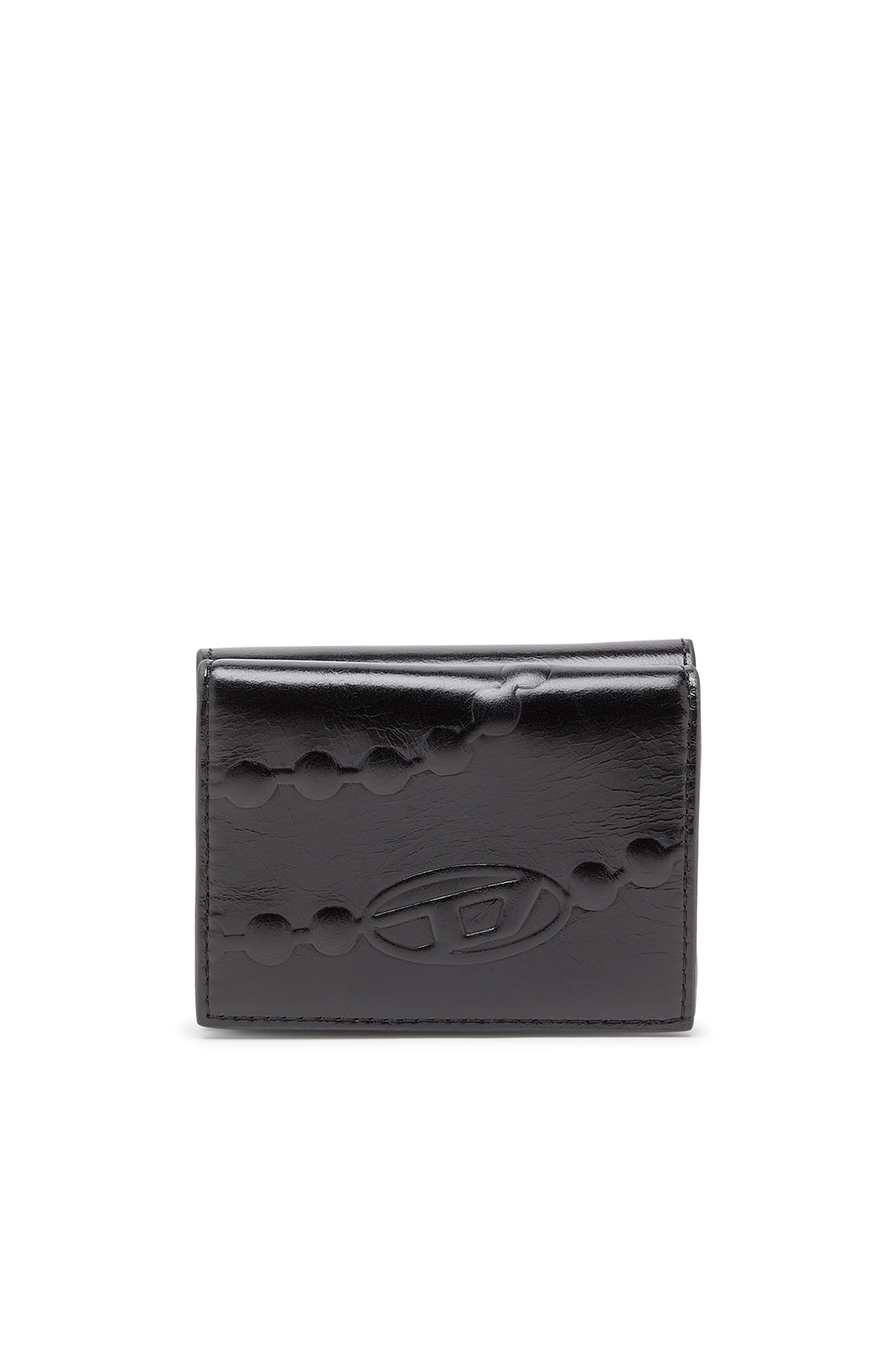Diesel Women's Black - Leather Tri-Fold Wallet With Embossed Chain Motif - Wallets - Woman Uni