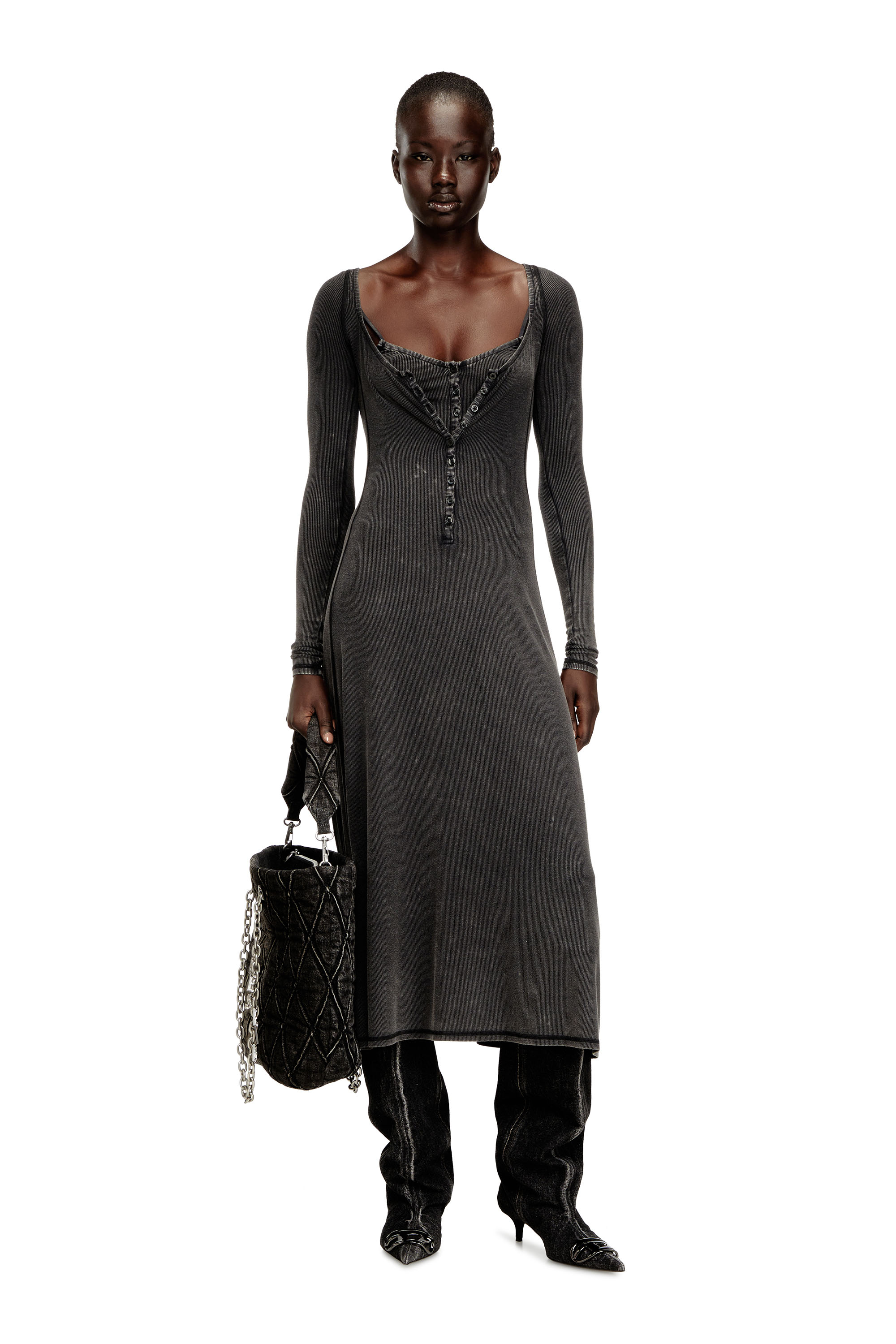 Diesel - D-LEY, Woman's Midi dress in faded ribbed jersey in Grey - 1