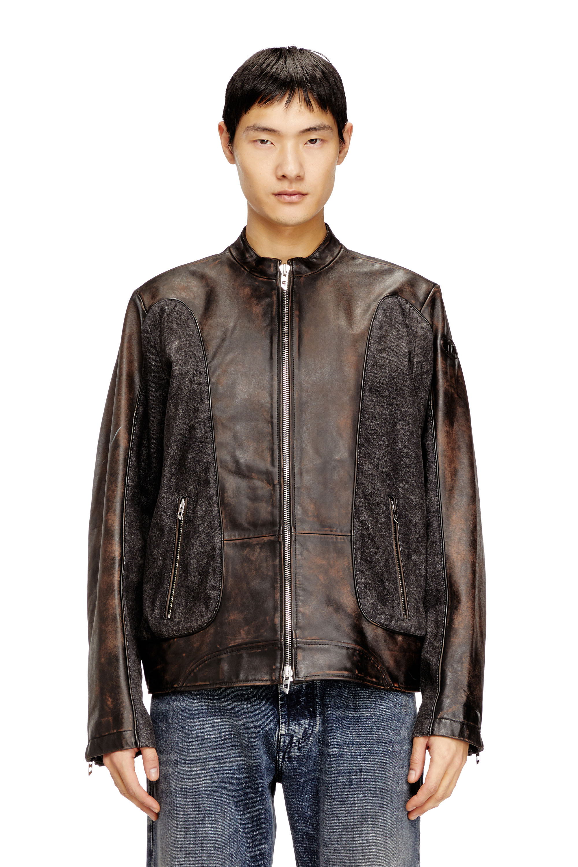 Diesel Homem Marrom - Piped Biker Jacket In Leather And Denim - Leather Jackets - Man Tamanho 52