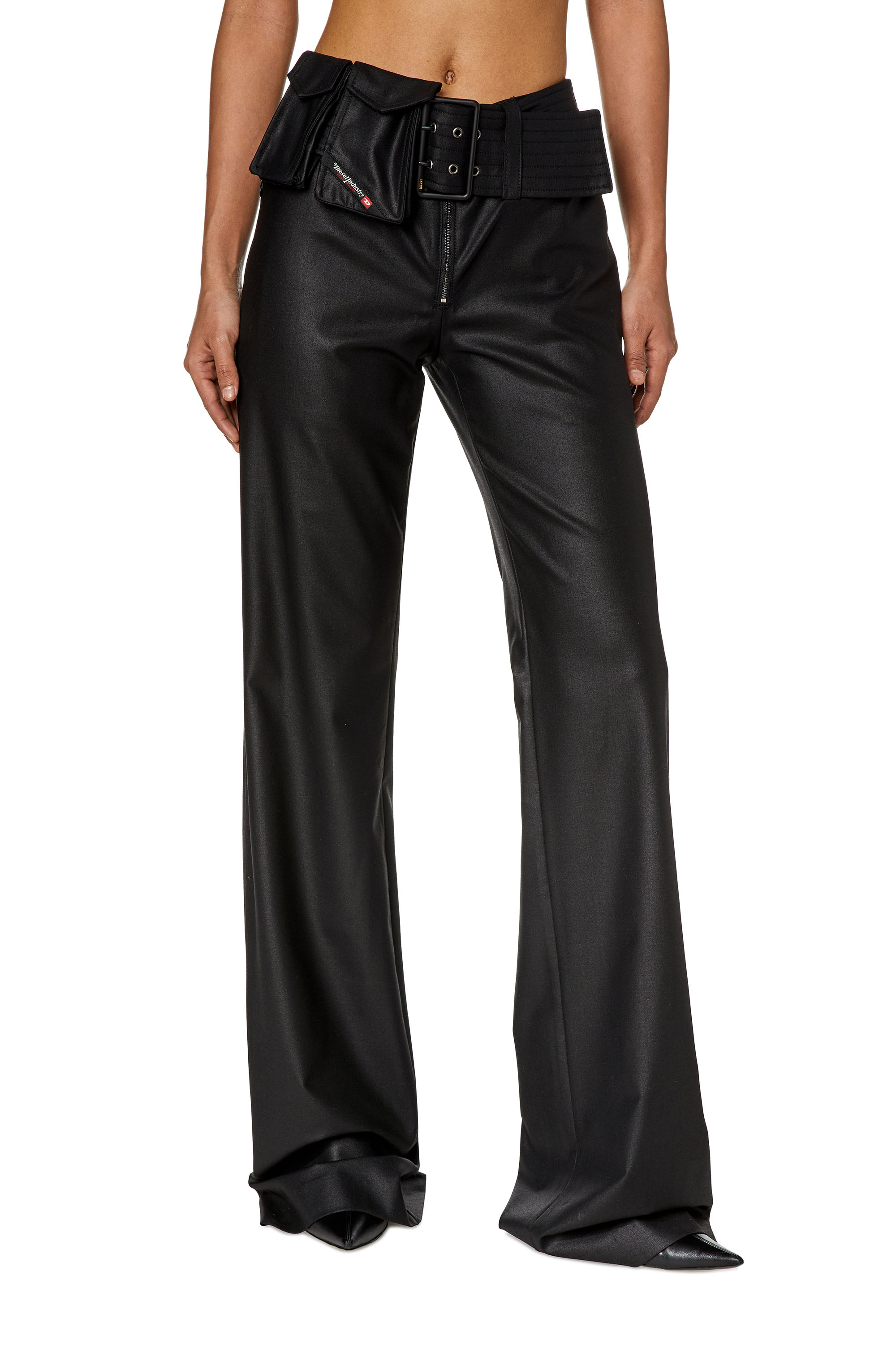 Diesel - Pantalones de lana con cinturón y bolsillos utility - Pantalones - Mujer - Negro