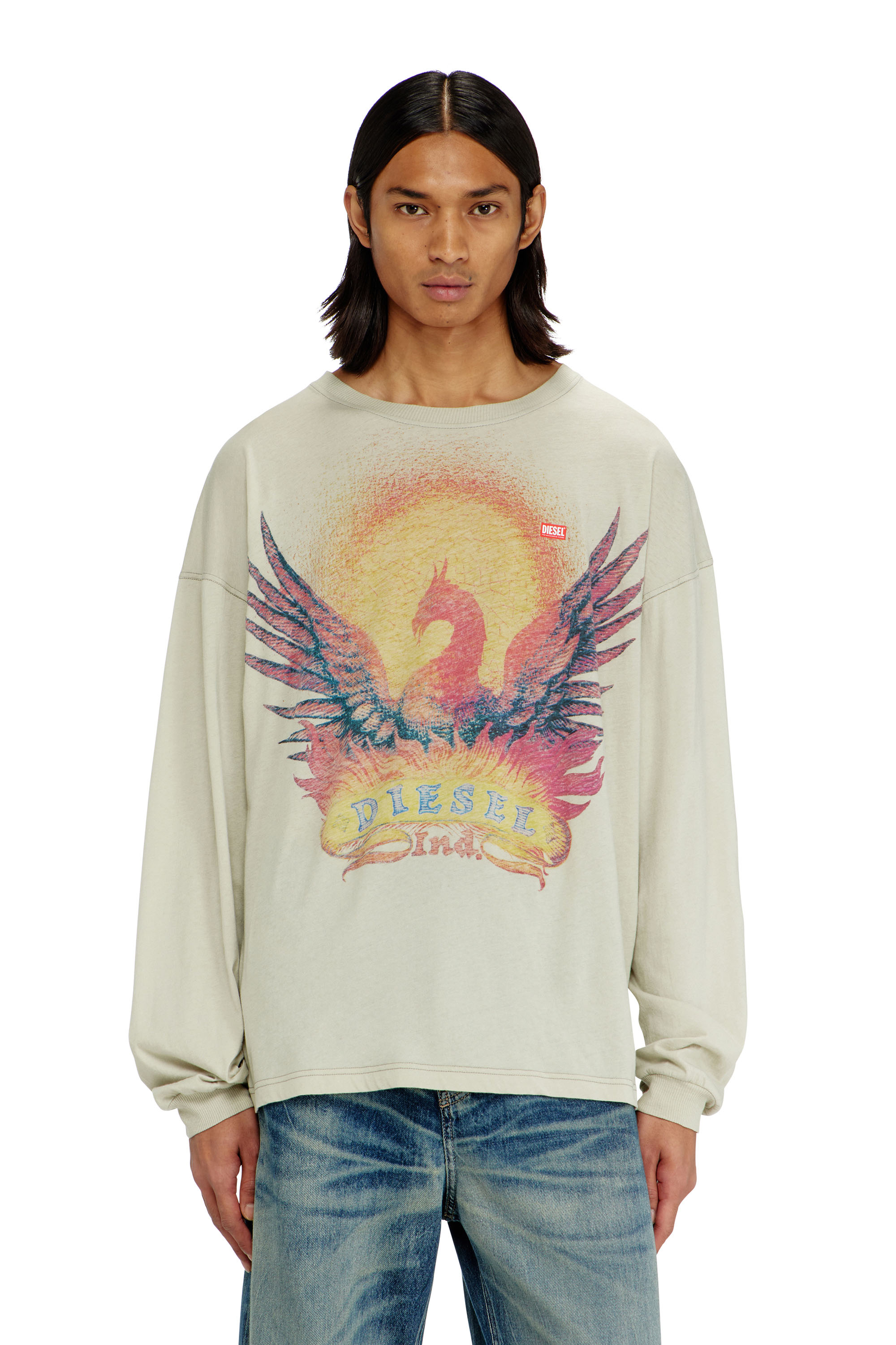 Diesel Men's Beige - Long Sleeve T-Shirt With Phoenix Graphic - T-Shirts - Man Xxs
