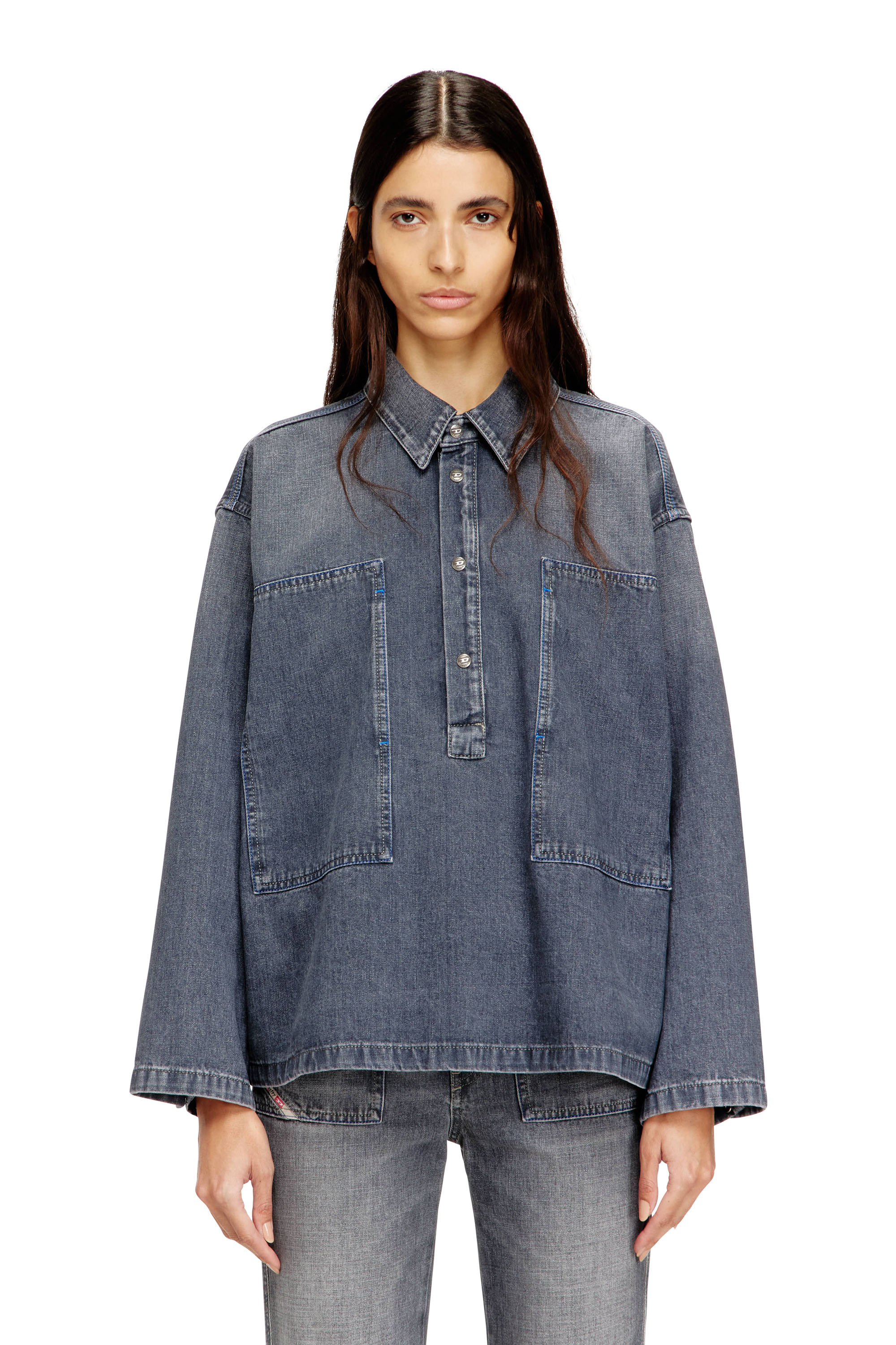 Diesel Women's Blue - Henley Top In Dirt-Effect Denim - Denim Shirts - Woman Extra Small