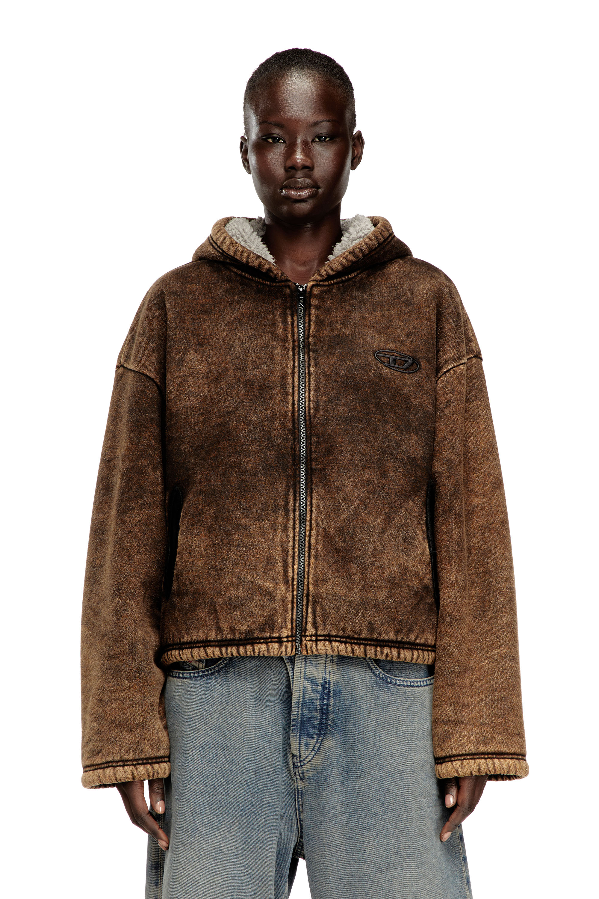 Diesel - F-ELLA, Woman's Acid-wash zip-up hoodie with teddy lining in Brown - 1