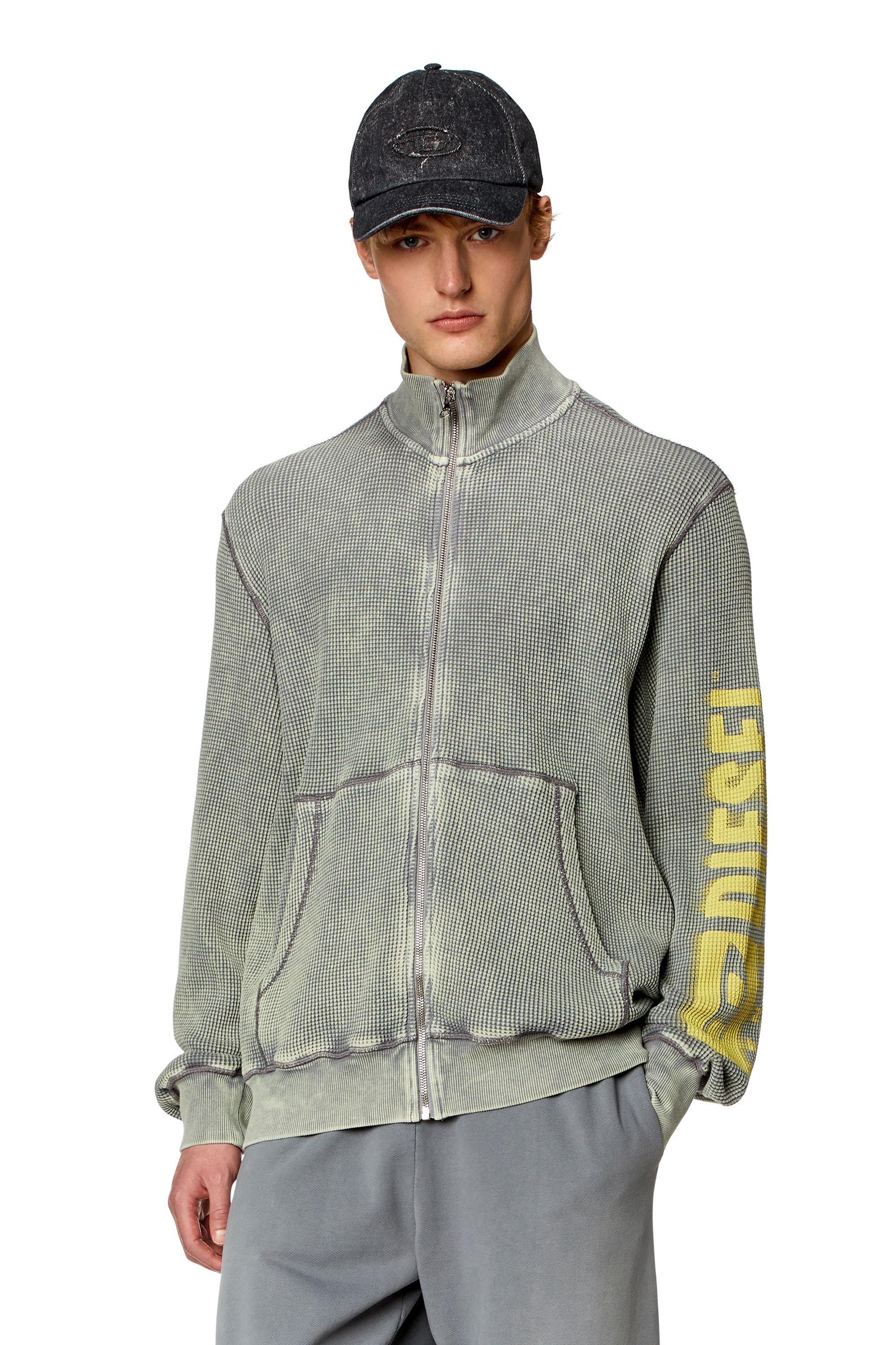 Diesel - Zip sweatshirt in macro waffle jersey - Sweaters - Man - Grey