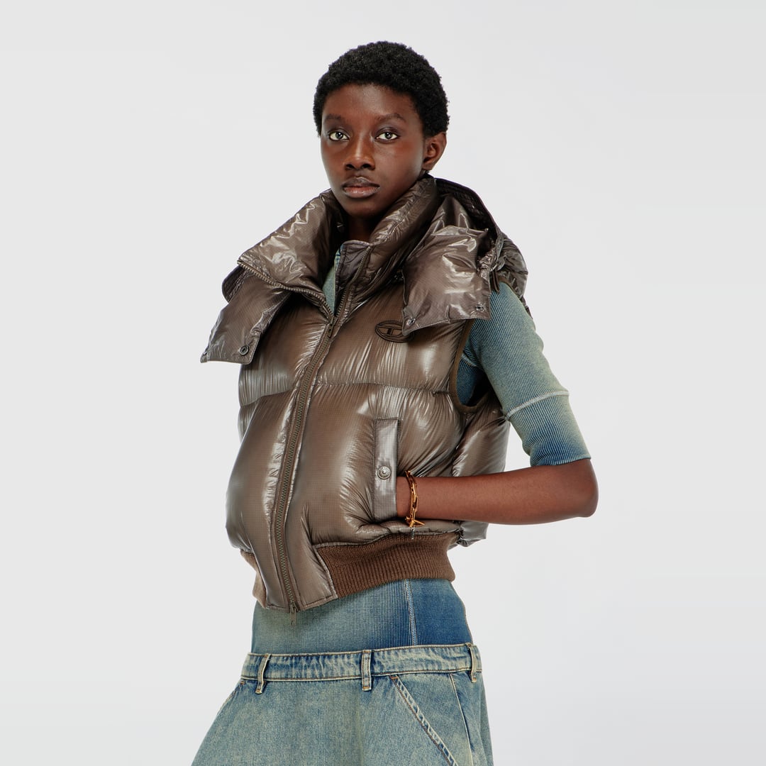 Diesel - Down vest in ripstop with detachable hood - Winter Jackets - Woman - Brown