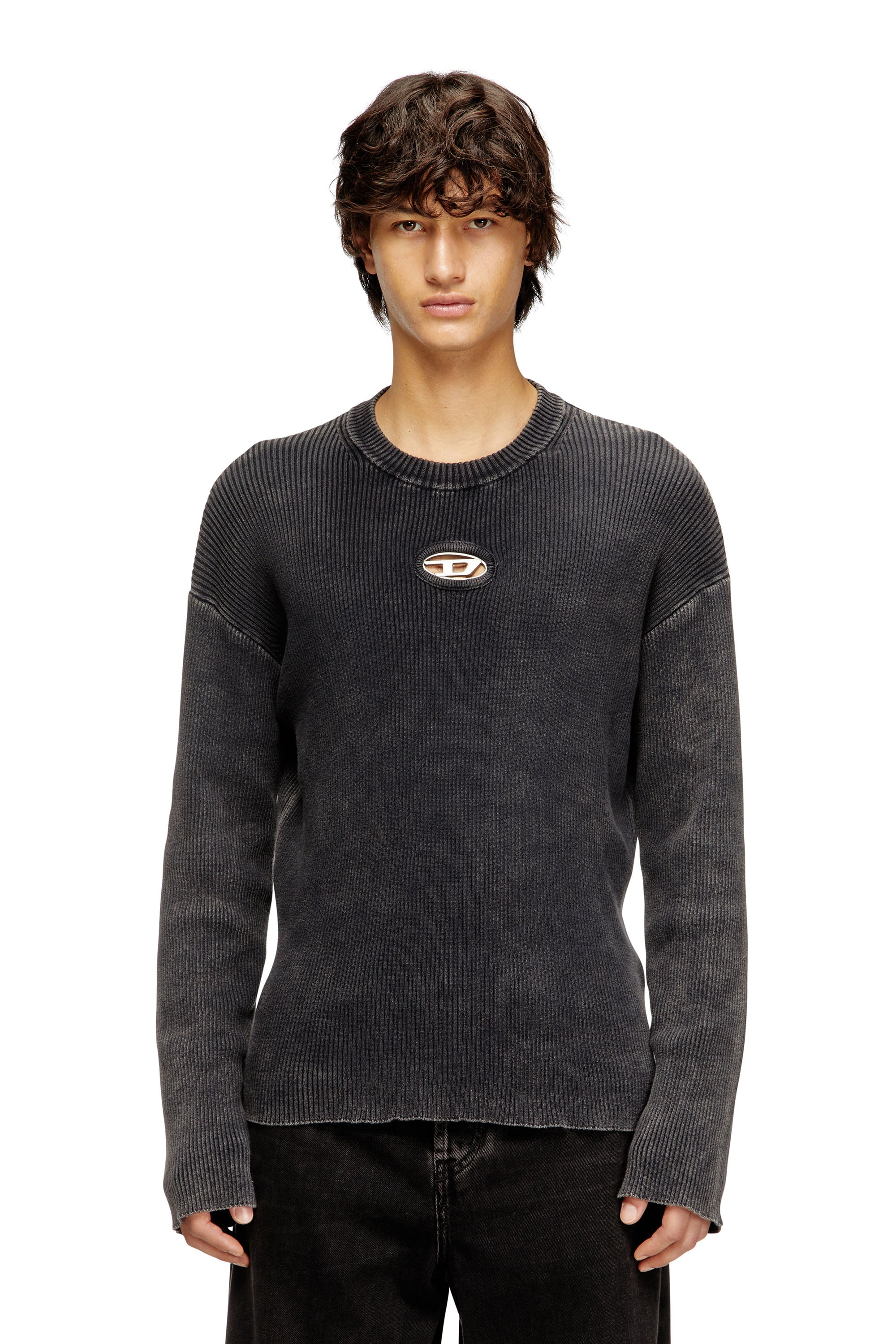 Diesel - Cut-out ribbed jumper with Oval D plaque - Knitwear - Man - Grey
