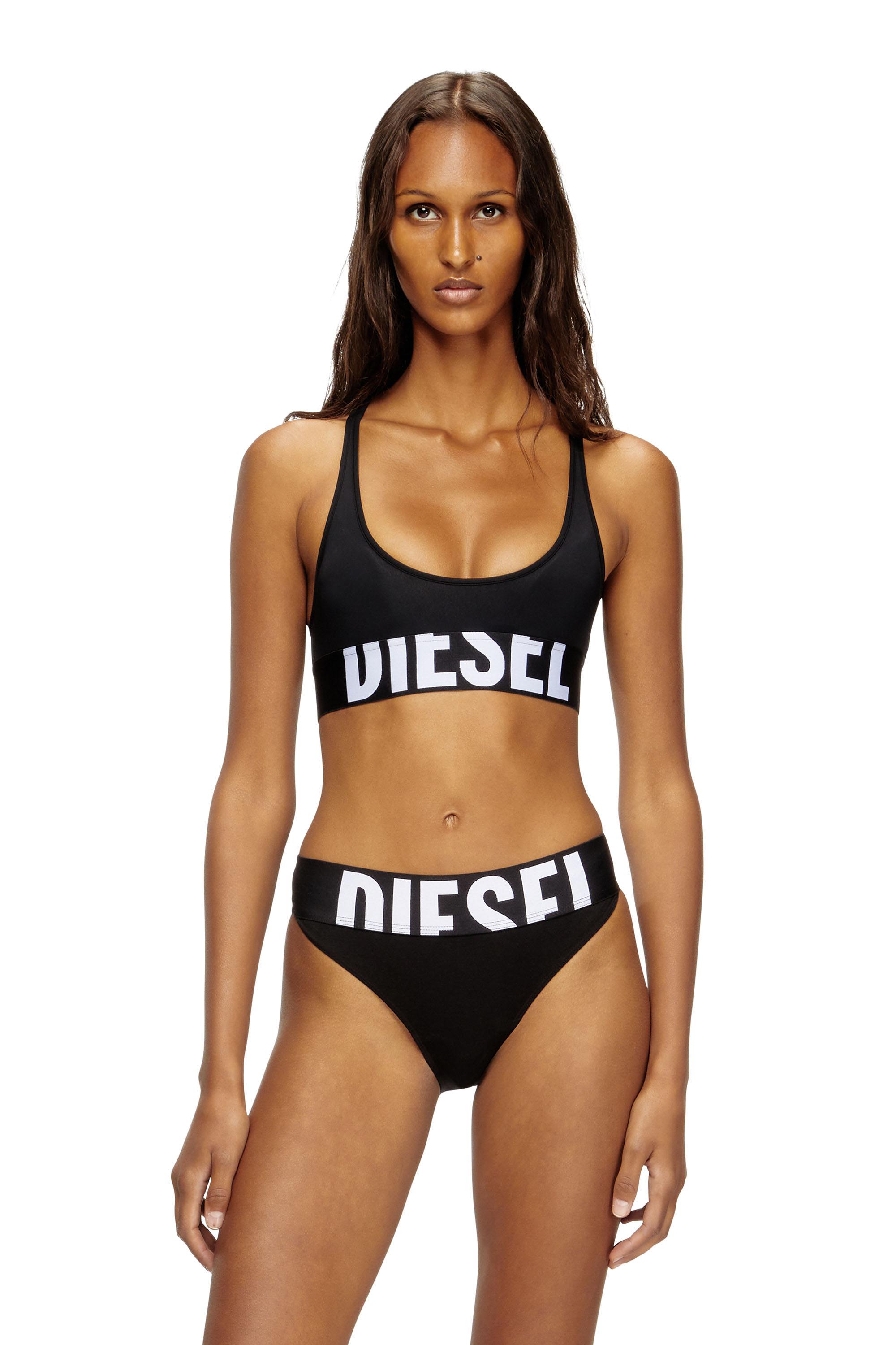 Diesel - ALLISON-D-POP, Woman's Microfibre sports bra with cut-off logo in Black - 1