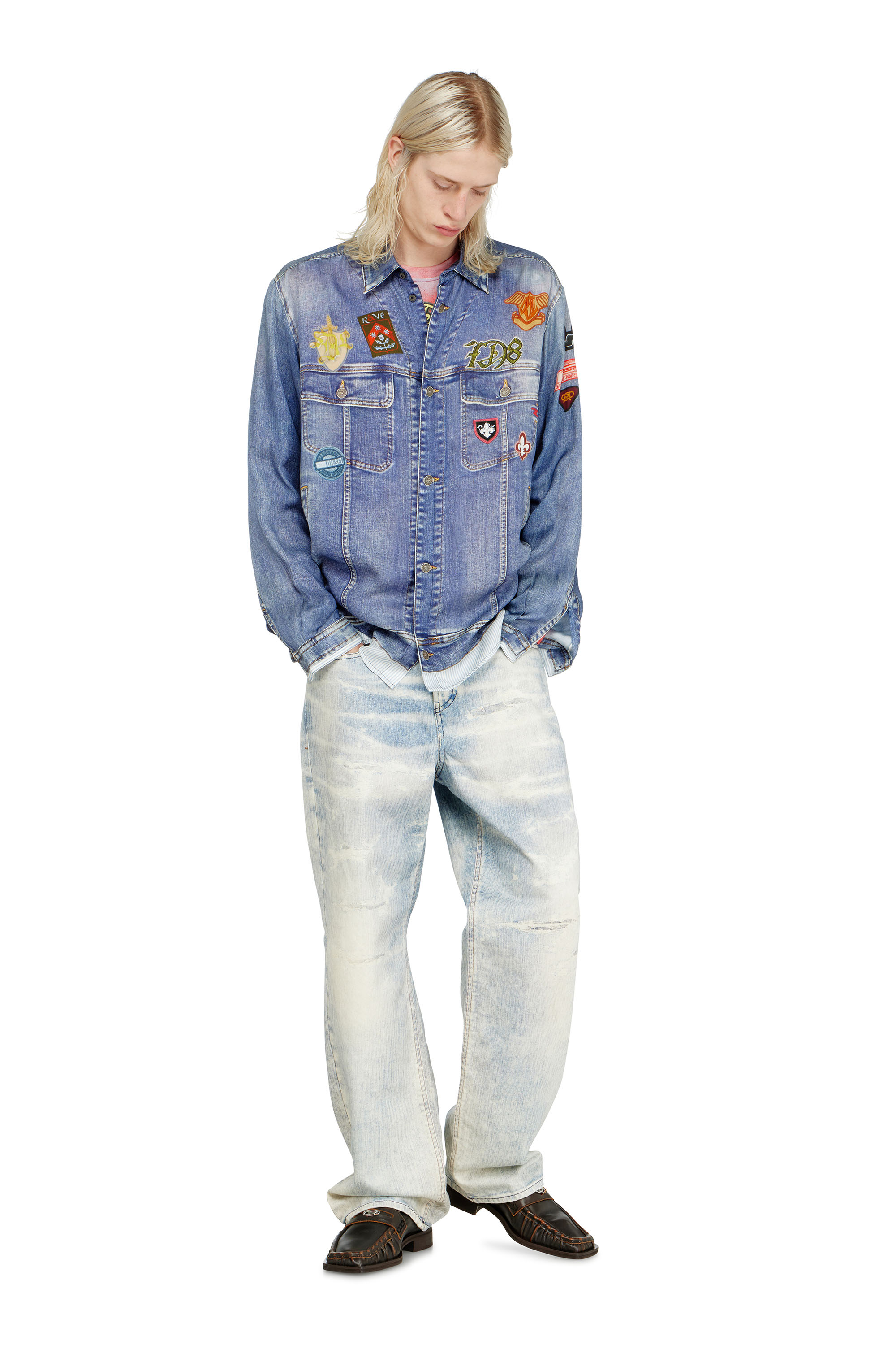 Diesel - S-SIMPLY-PATCH, Man's Satin shirt with trompe-l'oeil denim print in Medium blue - 5