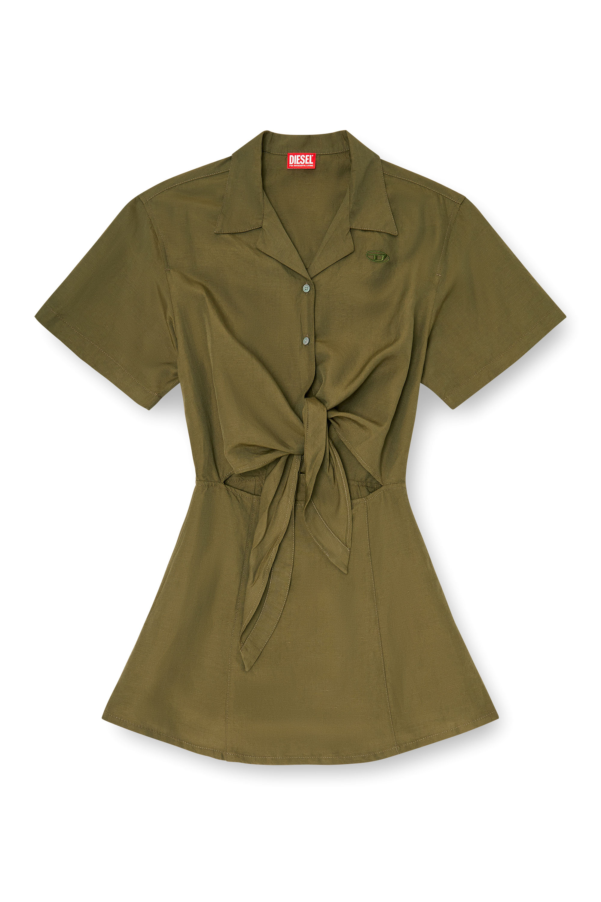 Diesel - D-STALL, Woman's Linen-blend mini dress with waist knot in Military Green - 3
