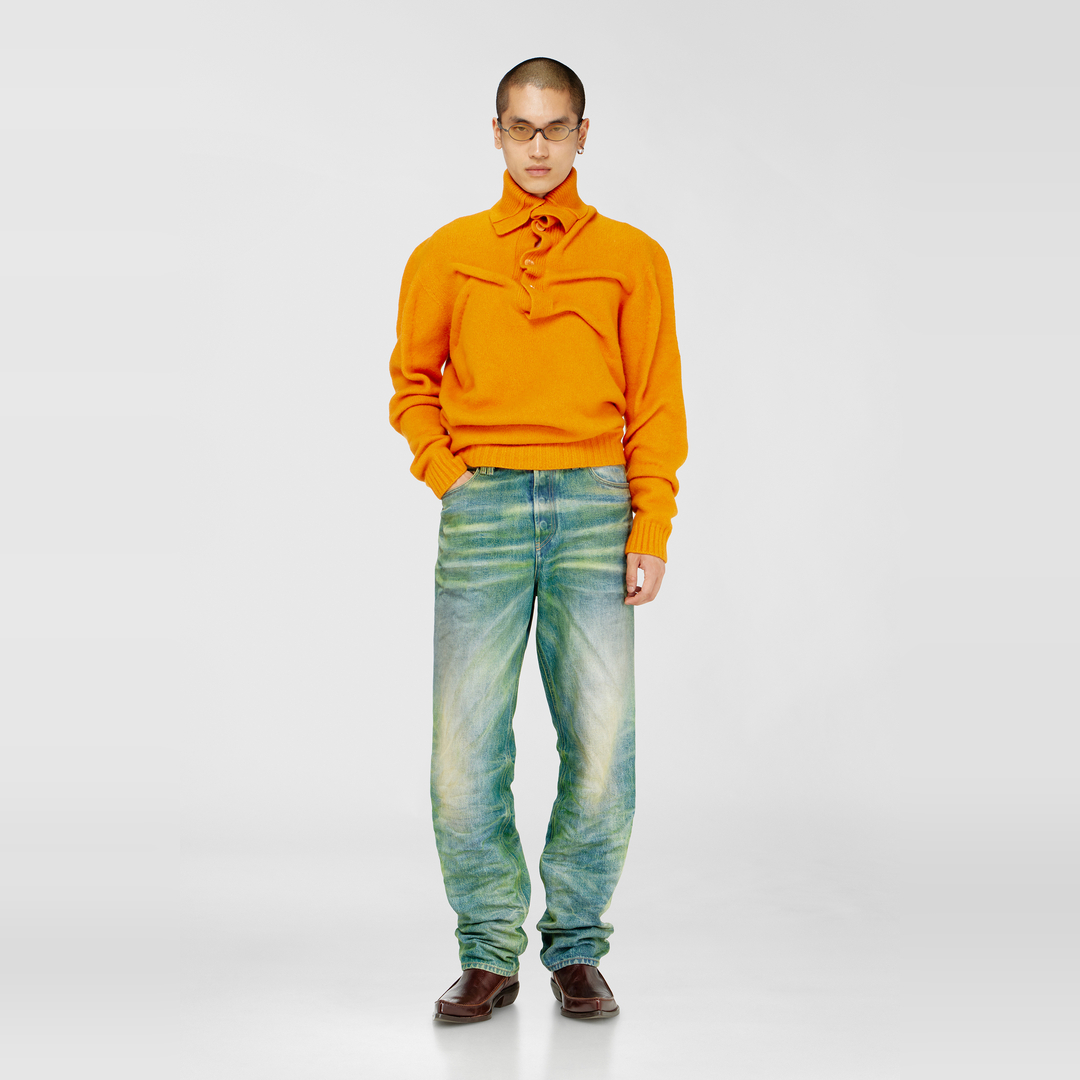 Diesel - Pull à col boutonné en maille foulée à texture froissée - Pull Maille - Homme - Orange