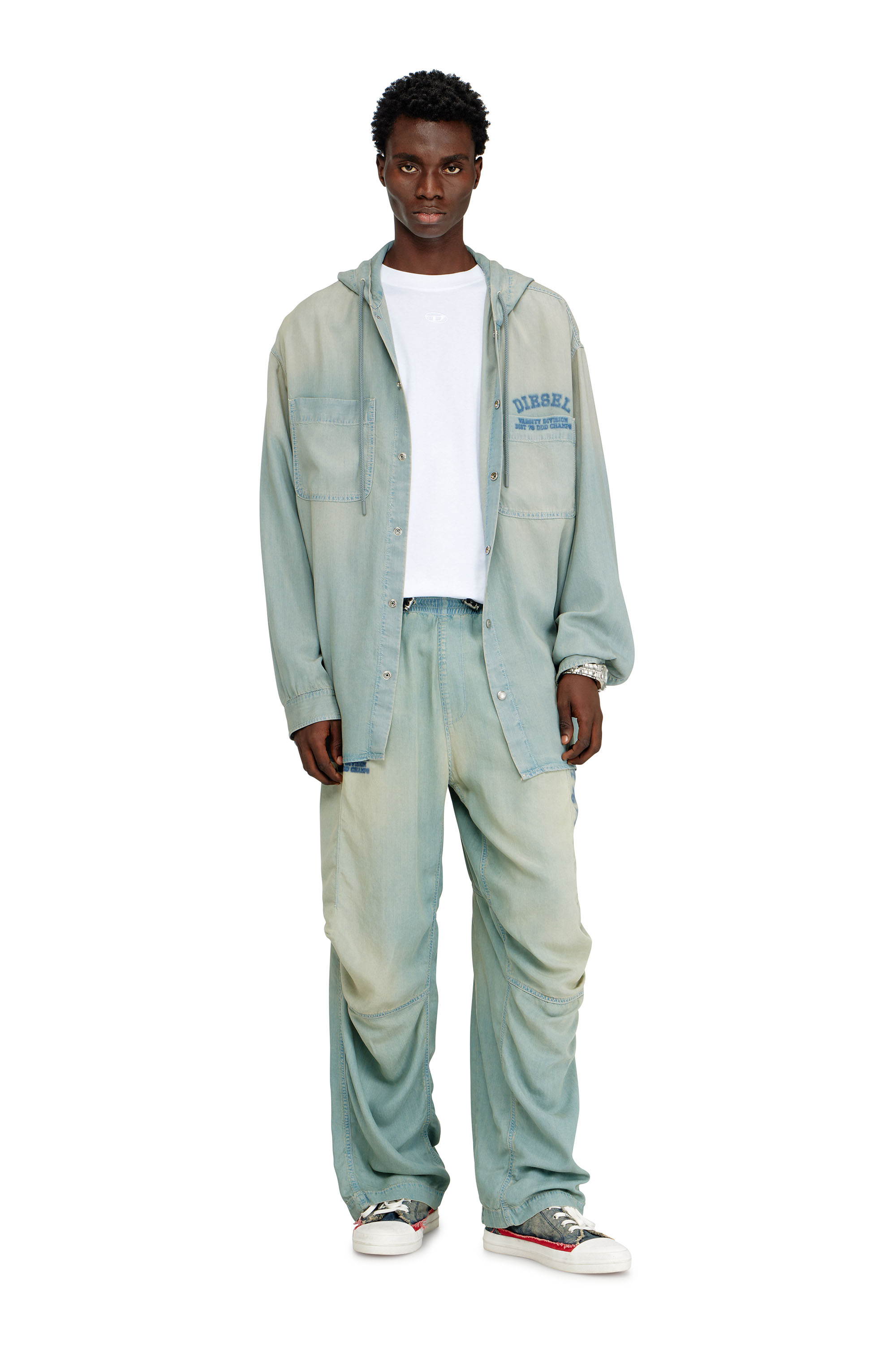 Diesel - D-DEWNY-HOOD-S3, Man's Overshirt in fluid dirt-effect denim in Light Blue - 2