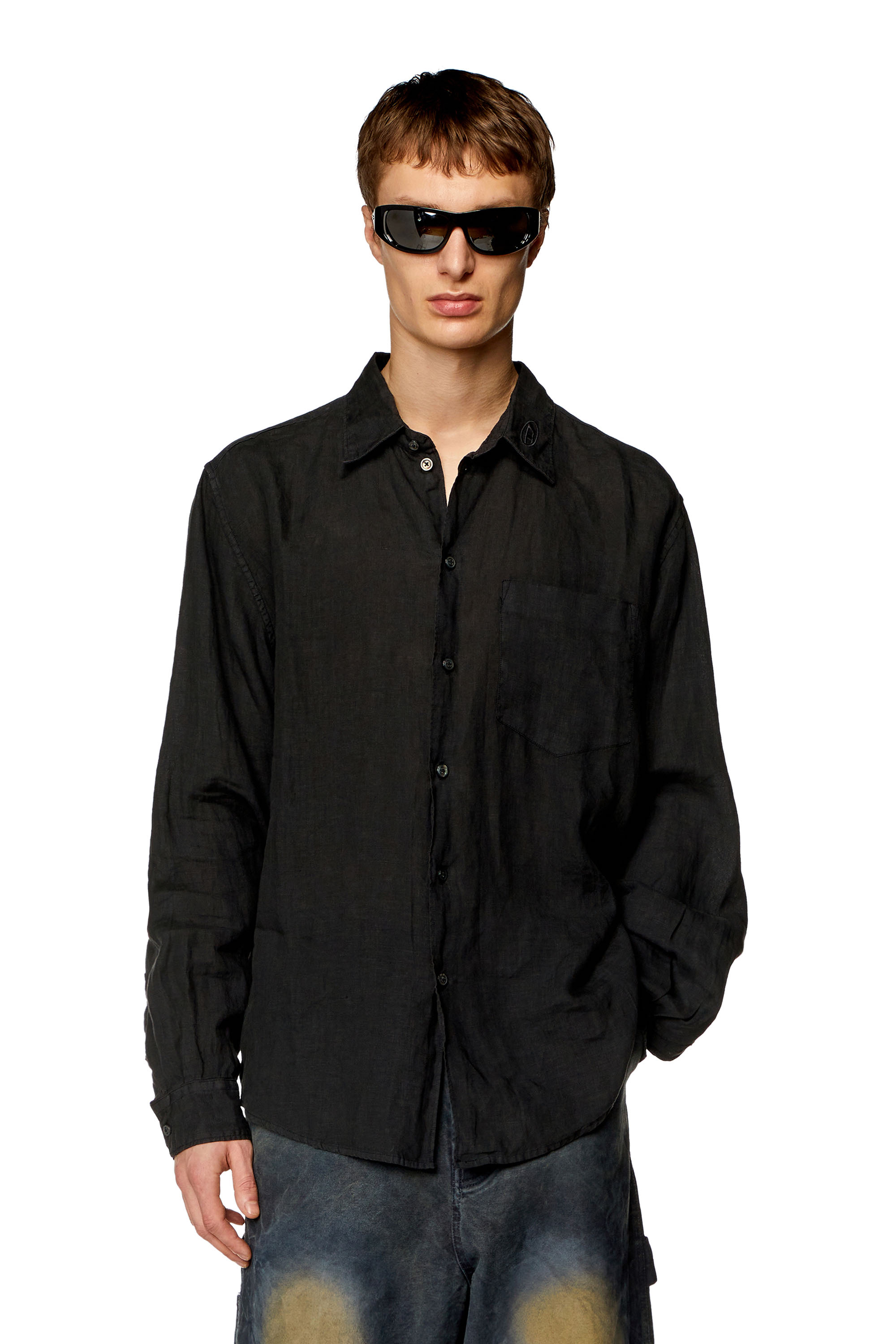 Diesel - Chemise en lin avec col à logo - Chemises - Homme - Noir