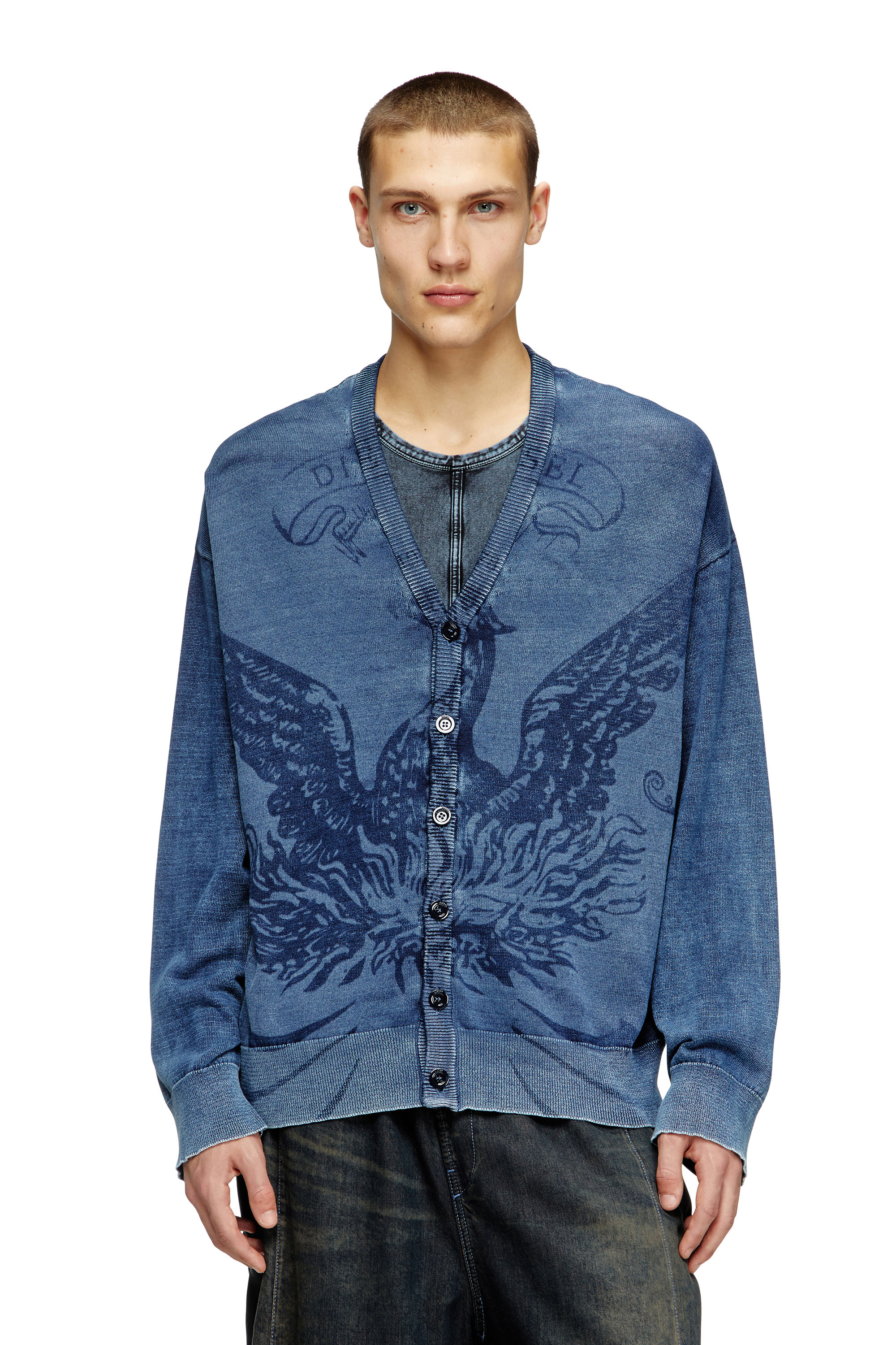 Diesel Herr Blå - Indigo Cardigan With Phoenix Logo - Knitwear - Man Extra Stor