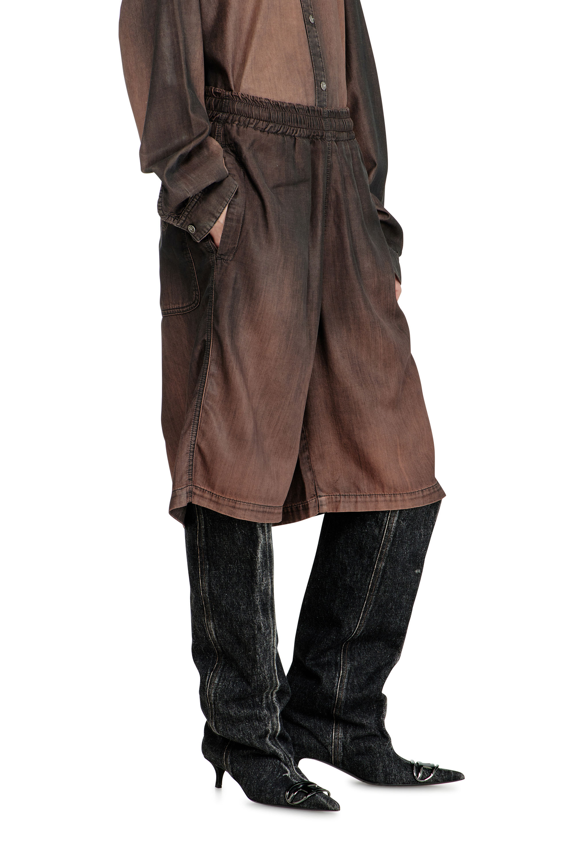 Diesel - D-RODER-SHORT-S, Unisex's Relaxed bermuda shorts in fluid coated denim in Brown - 2