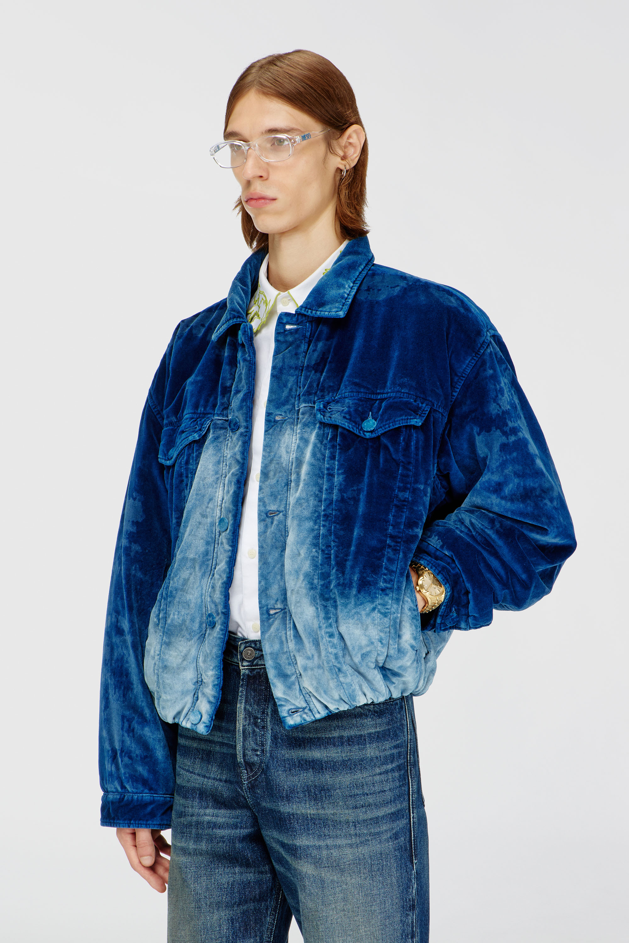 Diesel - Elasticated trucker jacket in velvet denim - Denim Jackets - Man - Blue