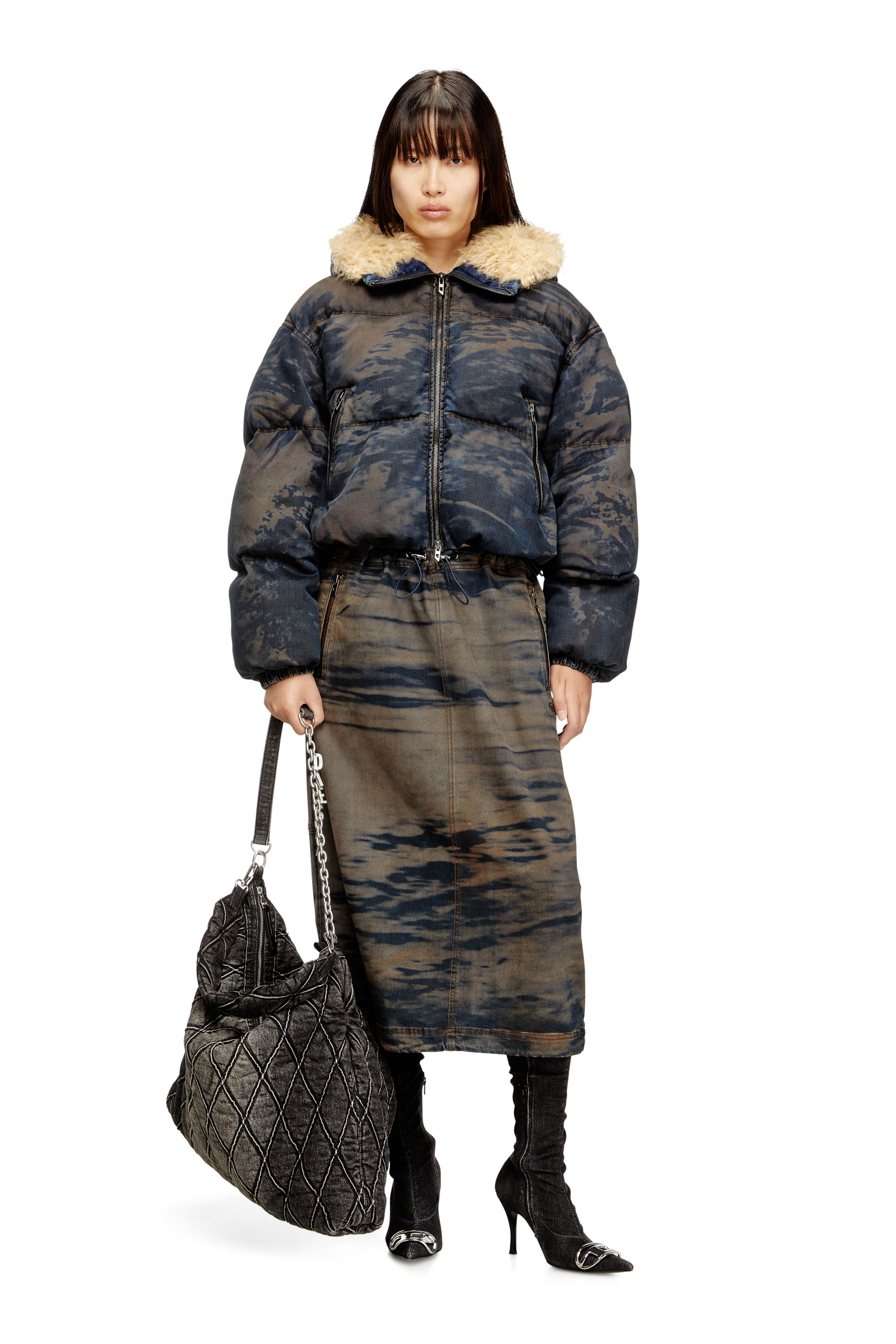 Diesel - O-MIRTOW-DEN, Woman's Midi denim skirt with drawstring in Black/Brown - 2