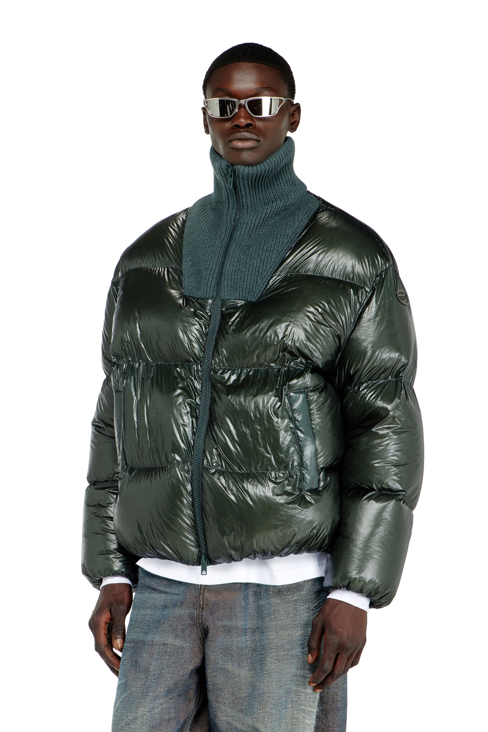 Diesel - Down puffer jacket in ripstop with ribbed collar - Winter Jackets - Man - Green