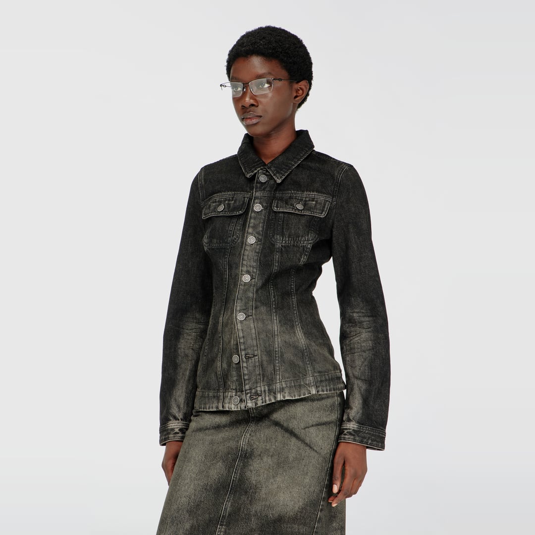 Diesel - Fitted trucker jacket in dirty-effect denim - Denim Jackets - Woman - Black