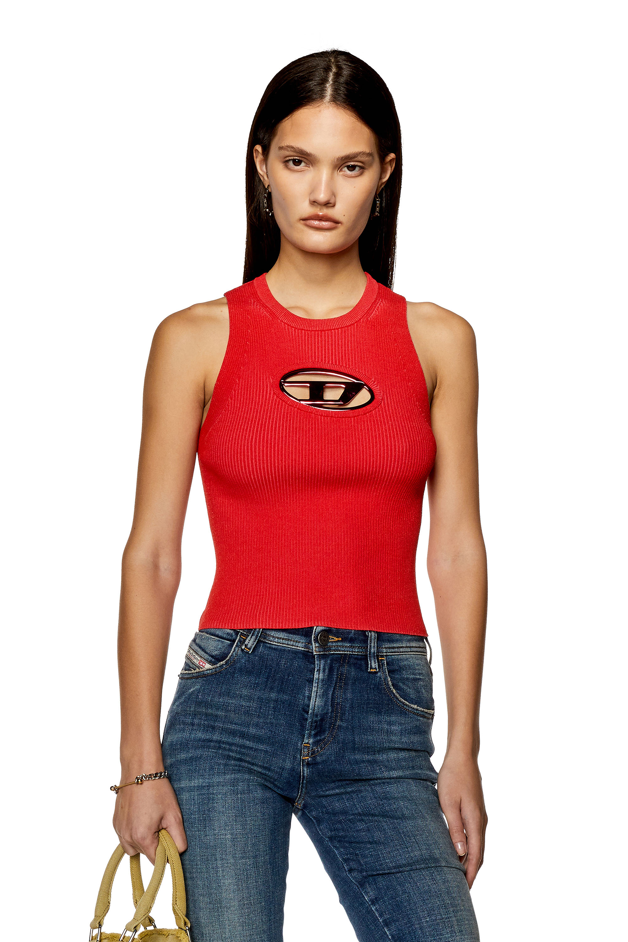 Diesel - Camiseta de punto recortada con placa con el logotipo - Tops - Mujer - Rojo