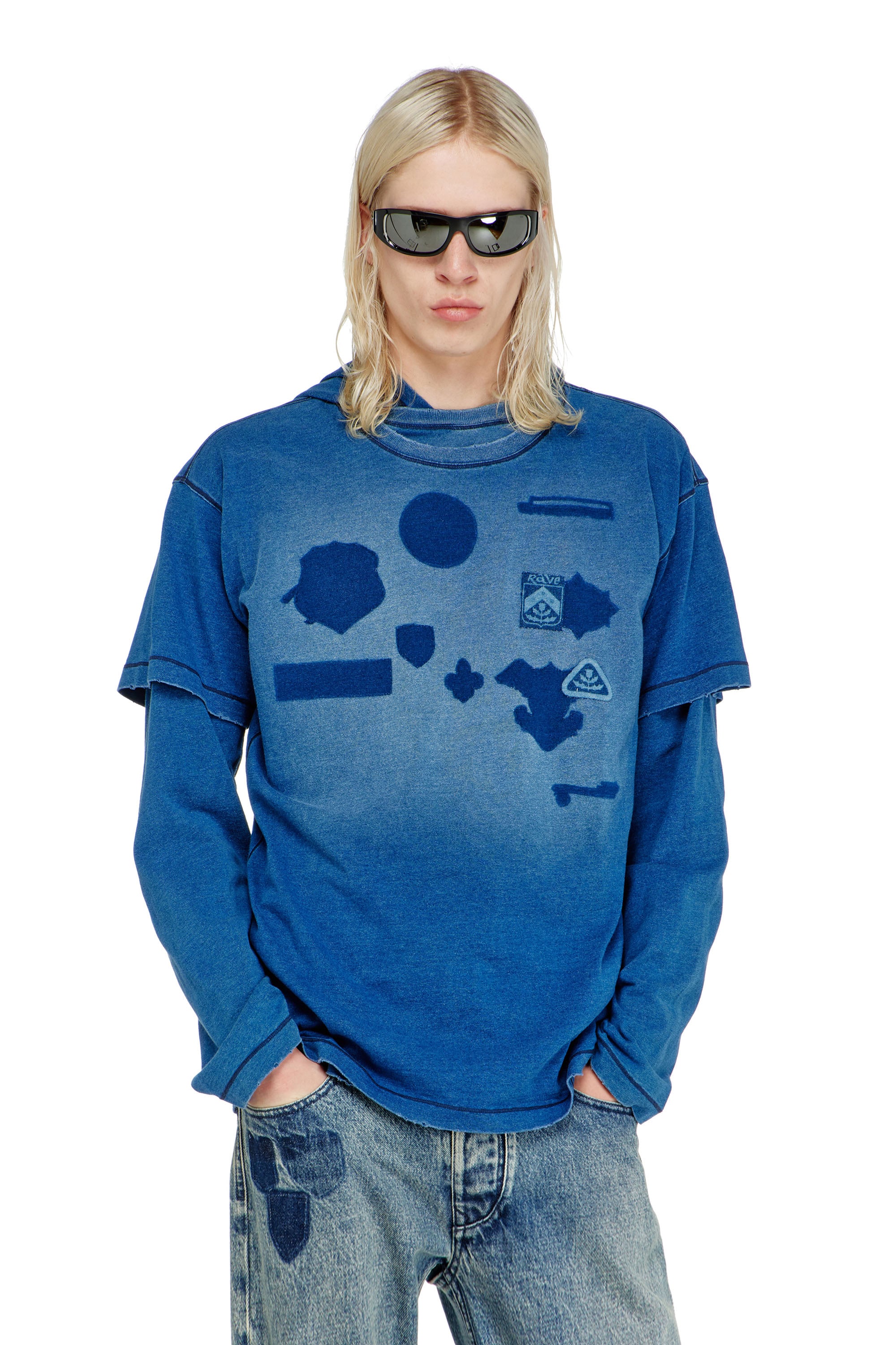 Diesel Mannelijk Blauw - T-Shirt With Shadow-Effect Patches - T-Shirts - Man Xxl