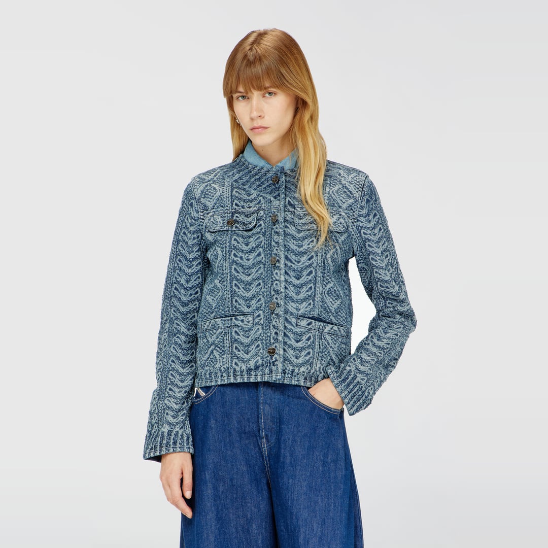 Diesel - Collarless jacket in cable-knit-effect denim - Denim Jackets - Woman - Blue