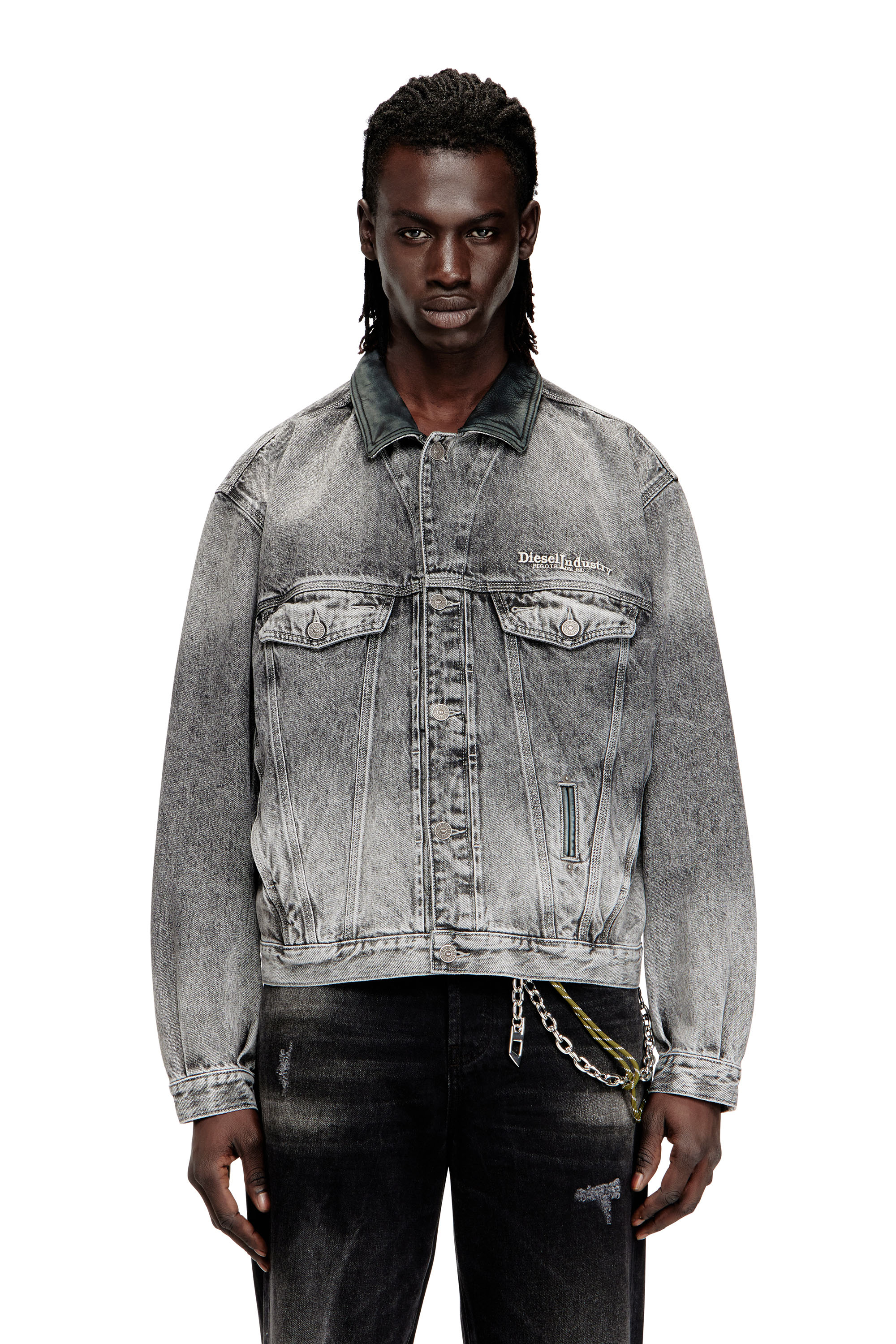 Diesel Unisex Grey - Denim Trucker Jacket With Tonal Leather Trims - Denim Jackets Medium