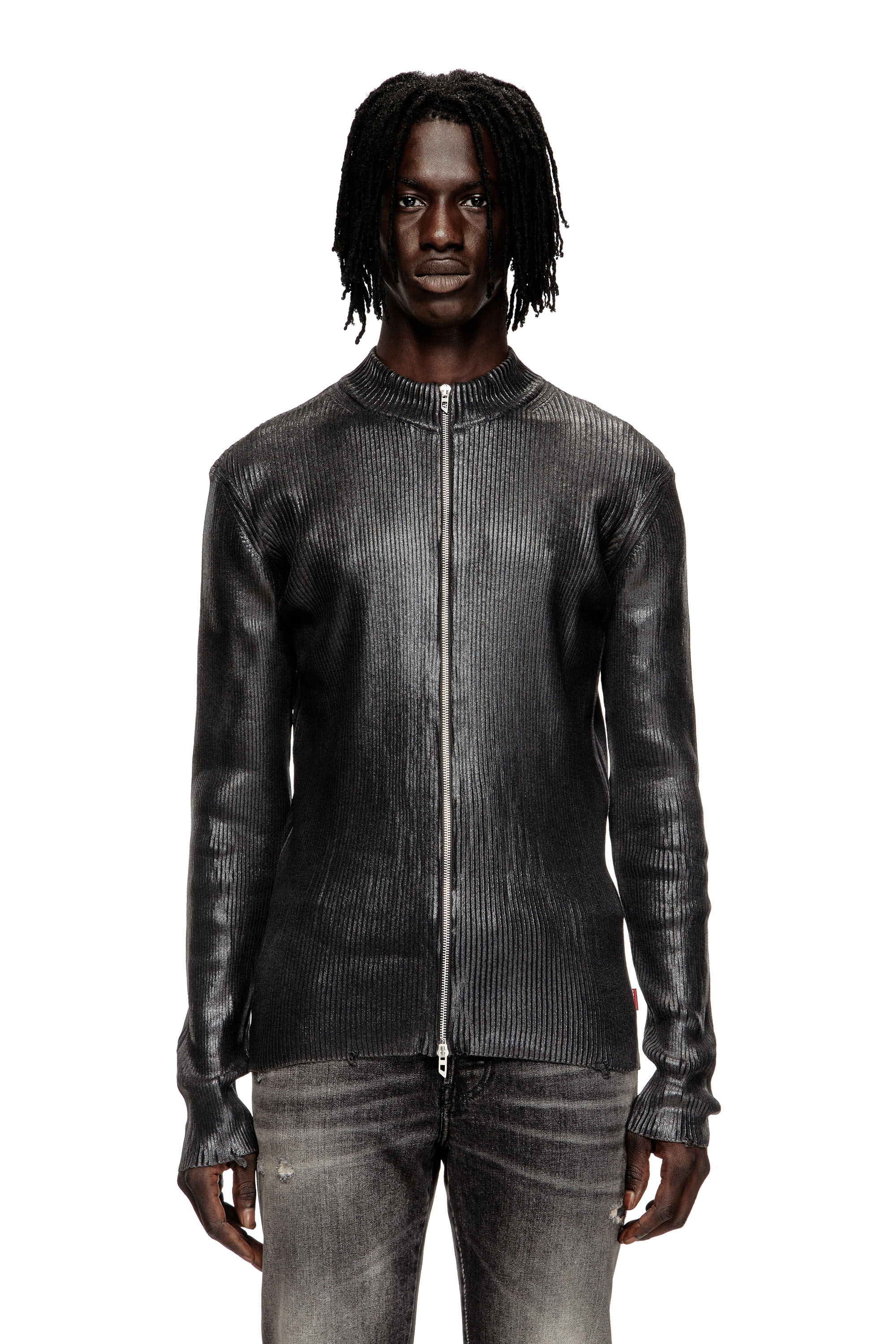 Diesel Denim-yarn Zip Cardigan With Shiny Effect In Black