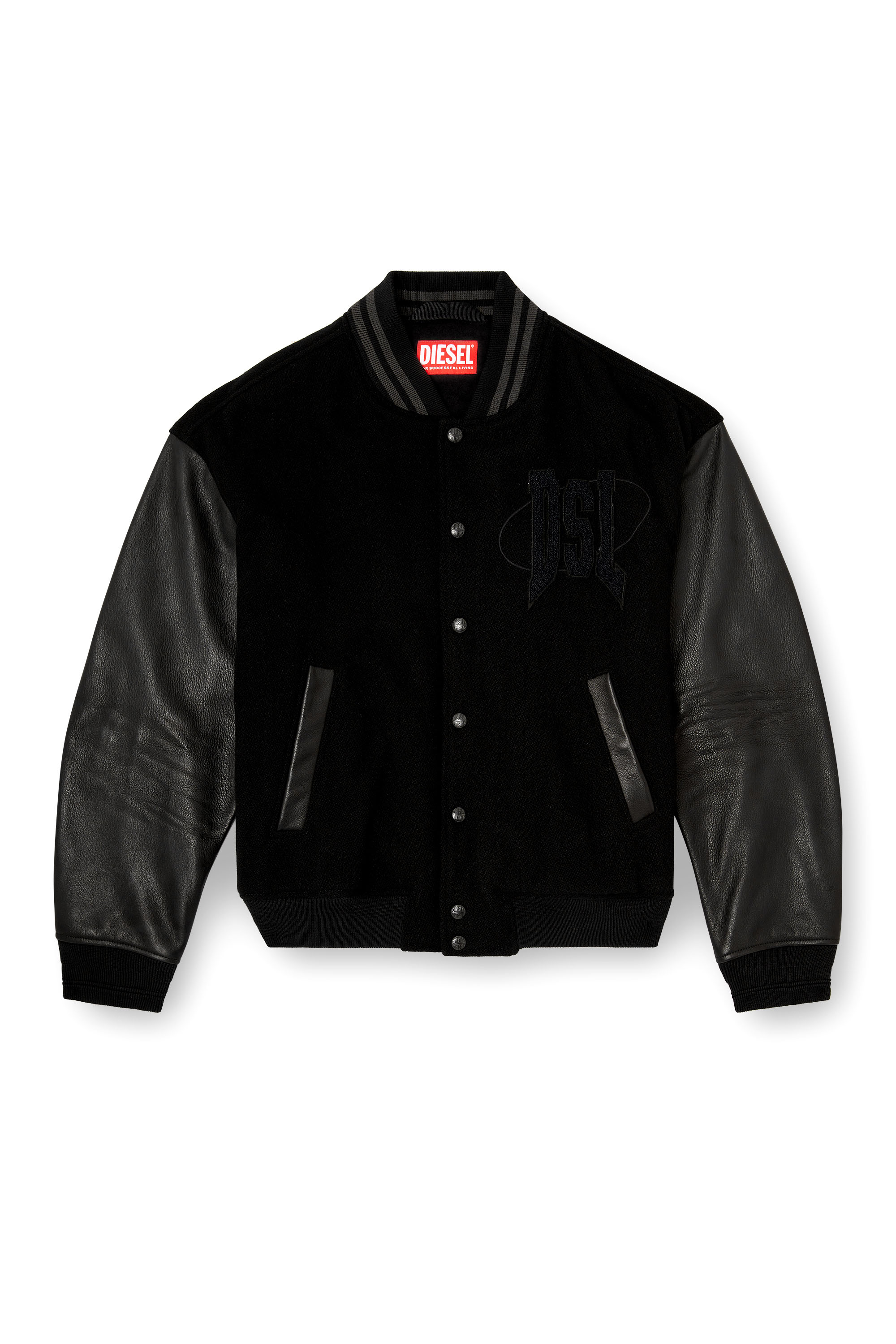 Diesel - L-NYMAN, Man's Varsity bomber jacket in cotton and leather in Black - 3