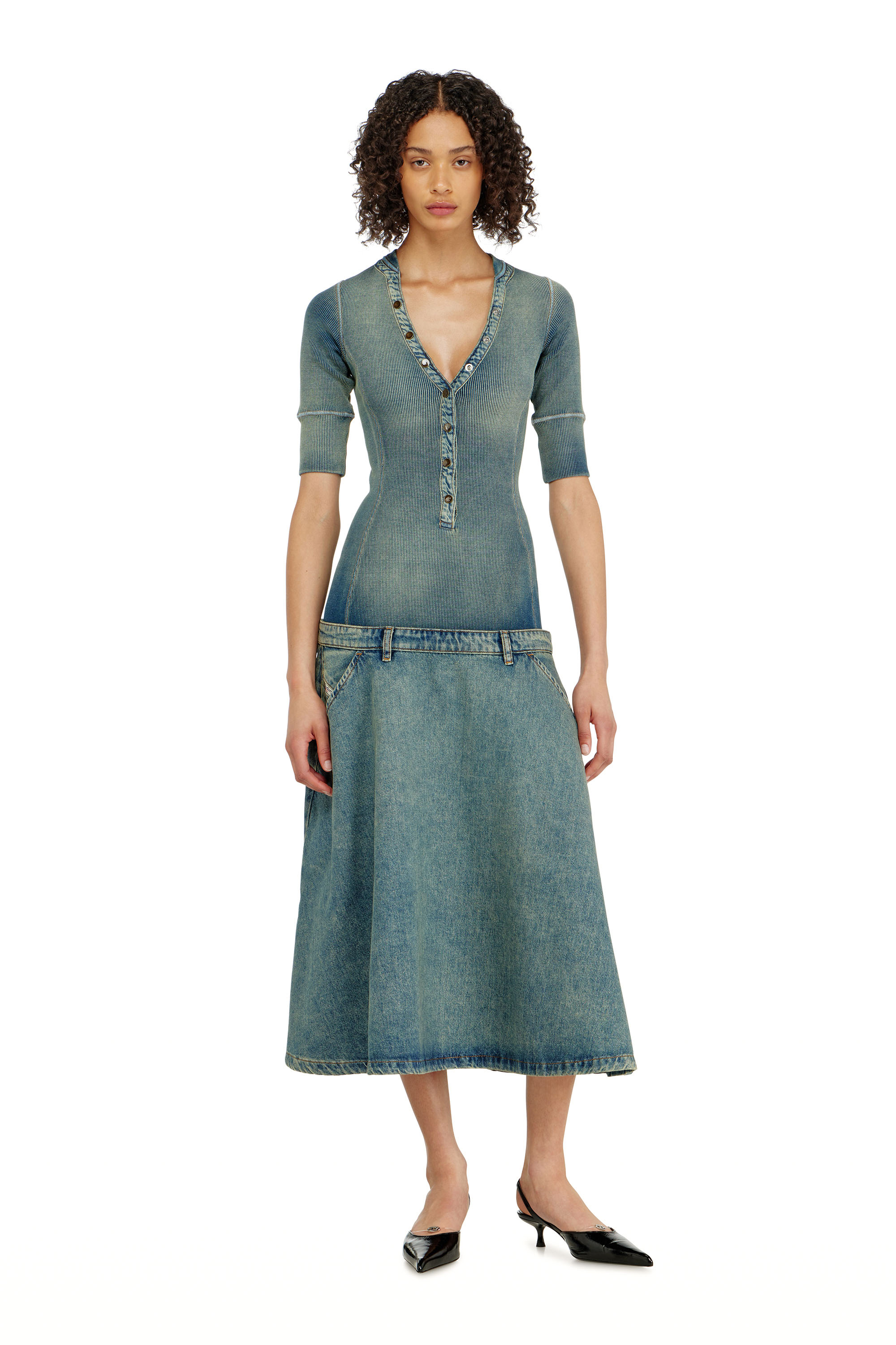 Diesel - DE-ANIM-S, Woman's Drop-waist midi dress in knit and denim in Medium blue - 3