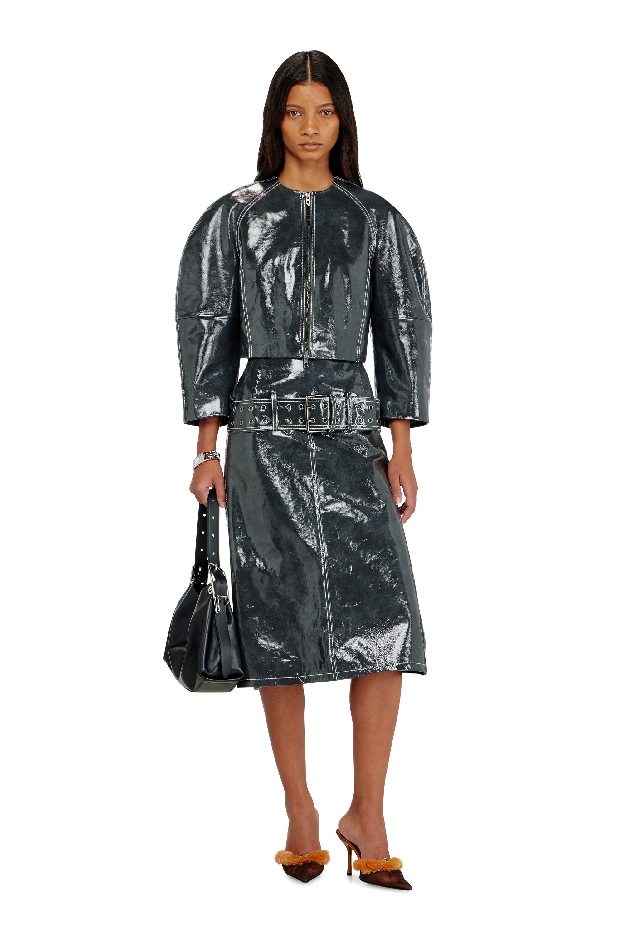 Diesel - L-ANDON, Woman's Patent-leather jacket with cocoon sleeves in Dark grey - 2