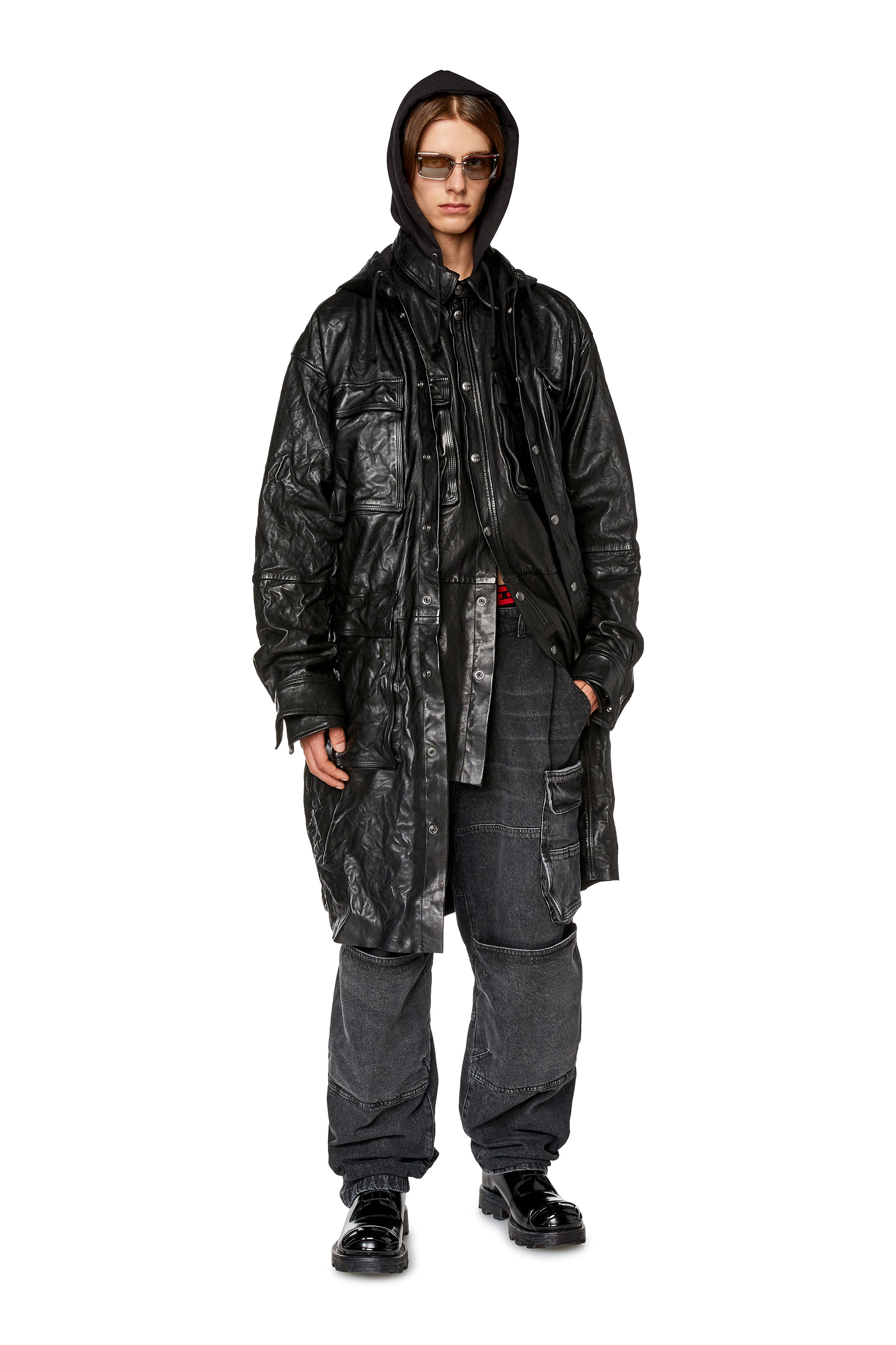 Diesel - Abrigo con capucha de cuero de burbuja - Chaquetas de piel - Hombre - Negro