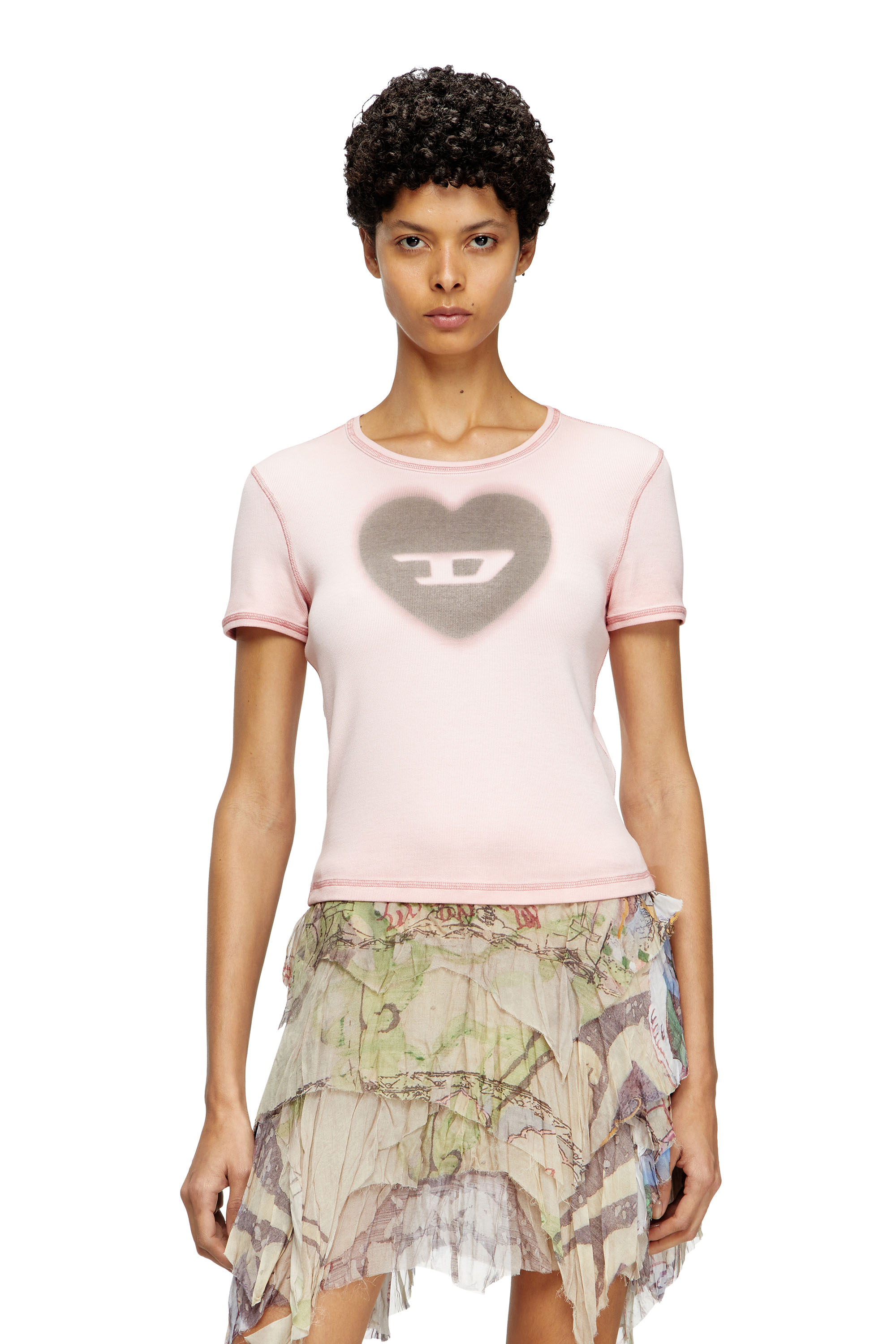 Diesel - Ribbed T-shirt with watercolour heart D - T-Shirts - Woman - Pink