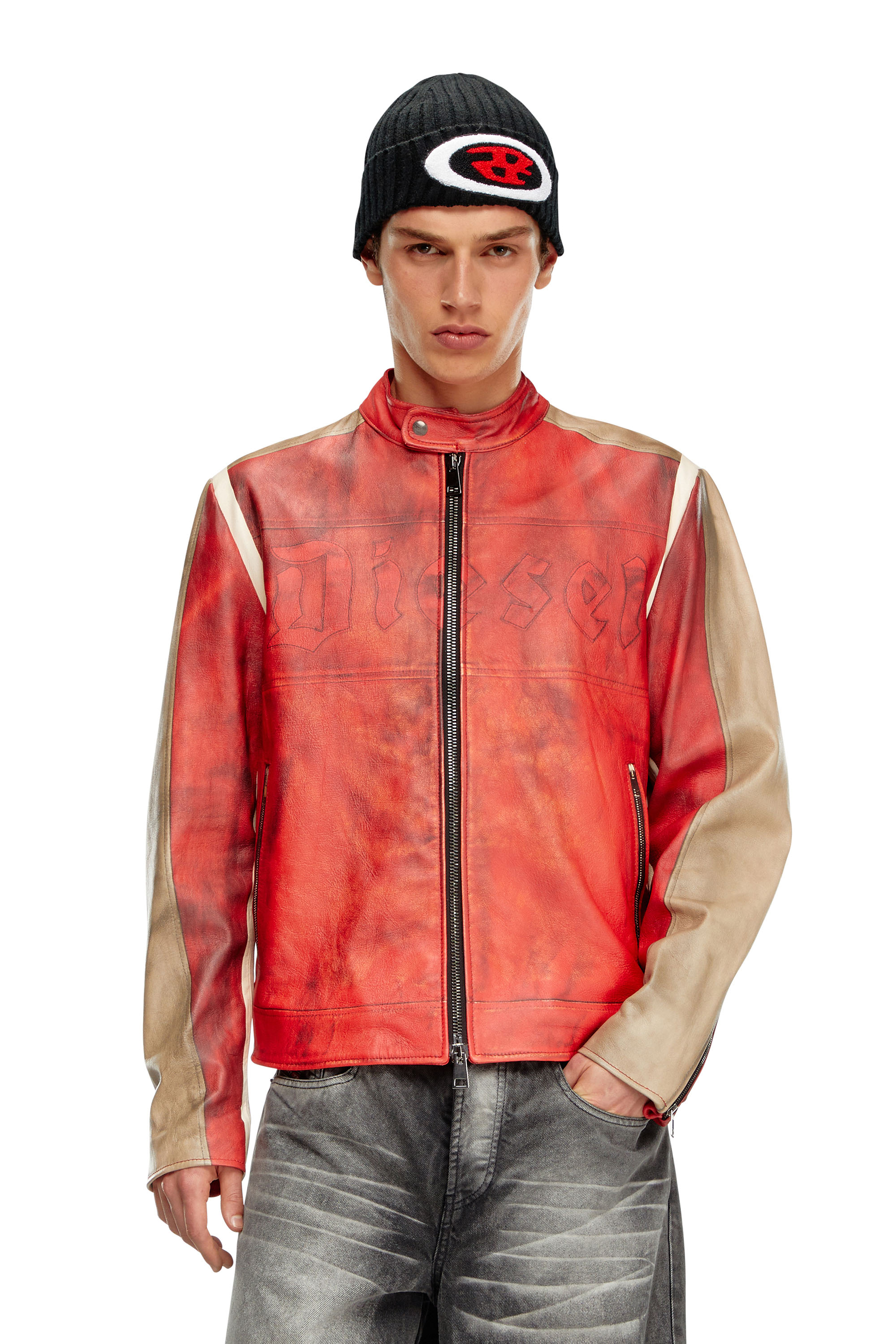 Shop Diesel Dirty-effect Leather Biker Jacket In Tobedefined